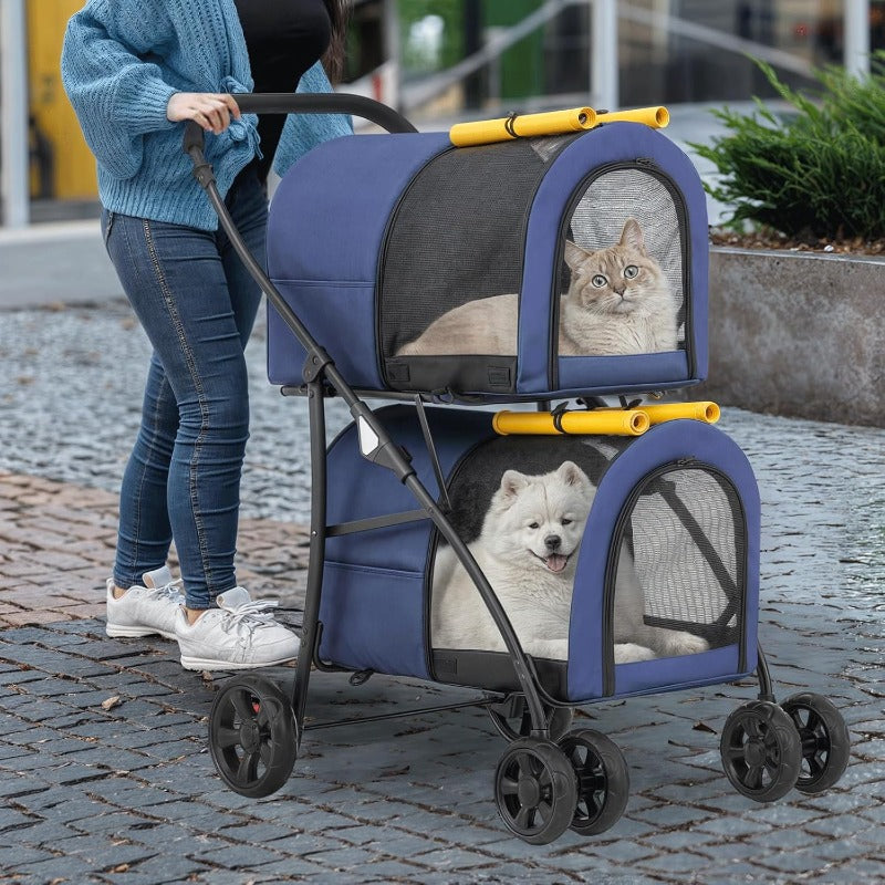 Double Dog Stroller with Detachable Carrier Bags Large 4 Wheels Foldable Jogger for Small and Medium Dog Cats