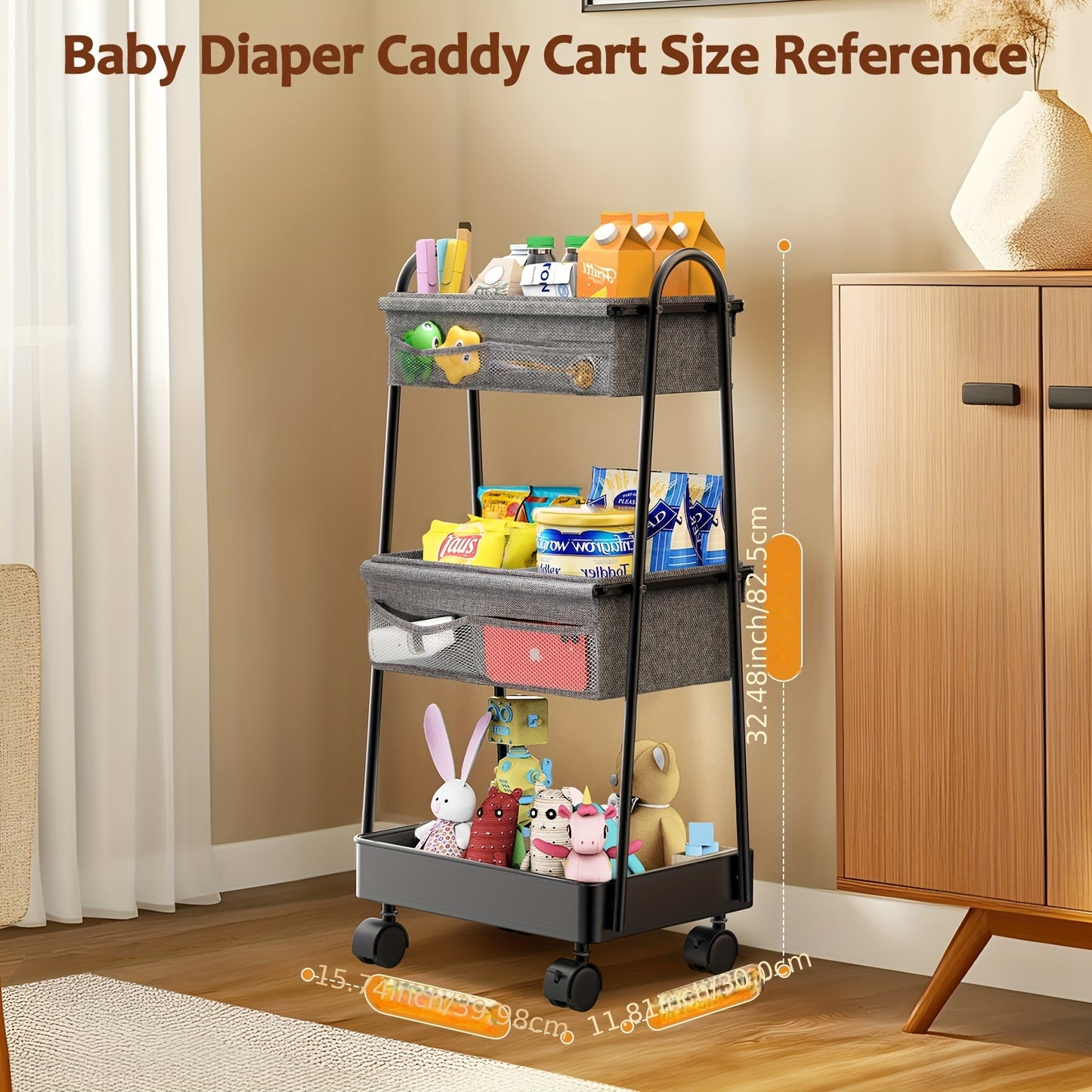 3 Tier Diaper Caddy Organizer Cart with Rolling Wheels for Nursery and Bedroom Essentials
