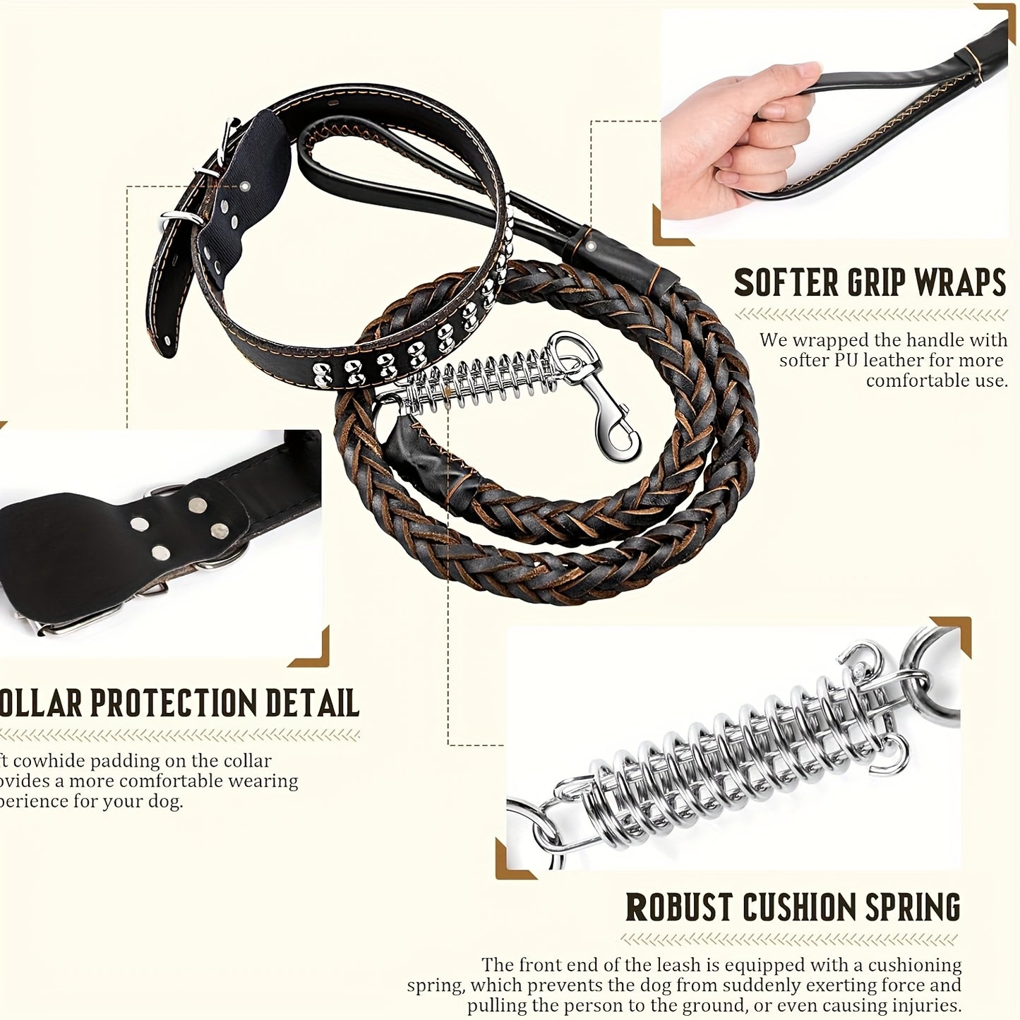 [Genuine Dog Leash] High Quality 5-Foot Genuine Dog Leash with Cowhide Collar | Medium & Large Dogs, Golden Retriever, German Shepherd & More