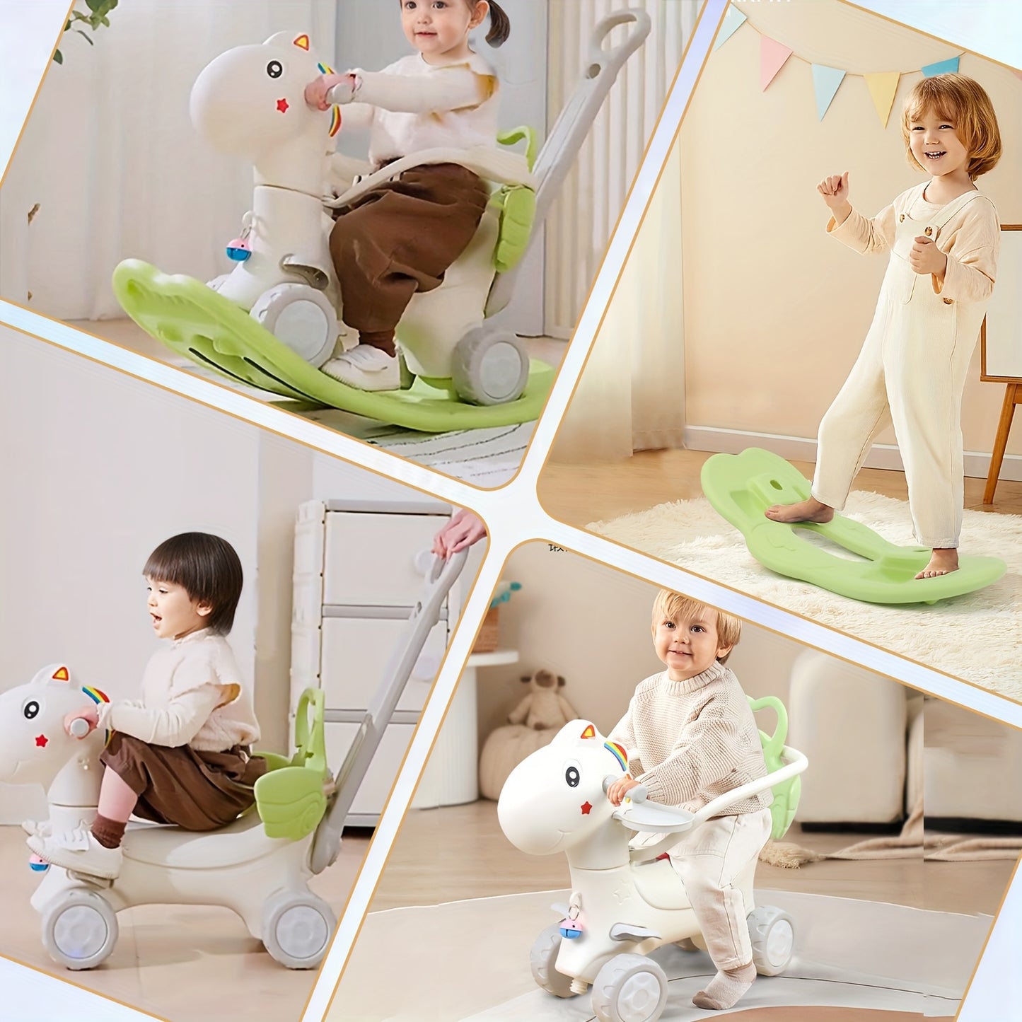 4 In 1 Kids Rocking Horse With Safety Rod Basketball Hoop Balance Toys For Toddlers