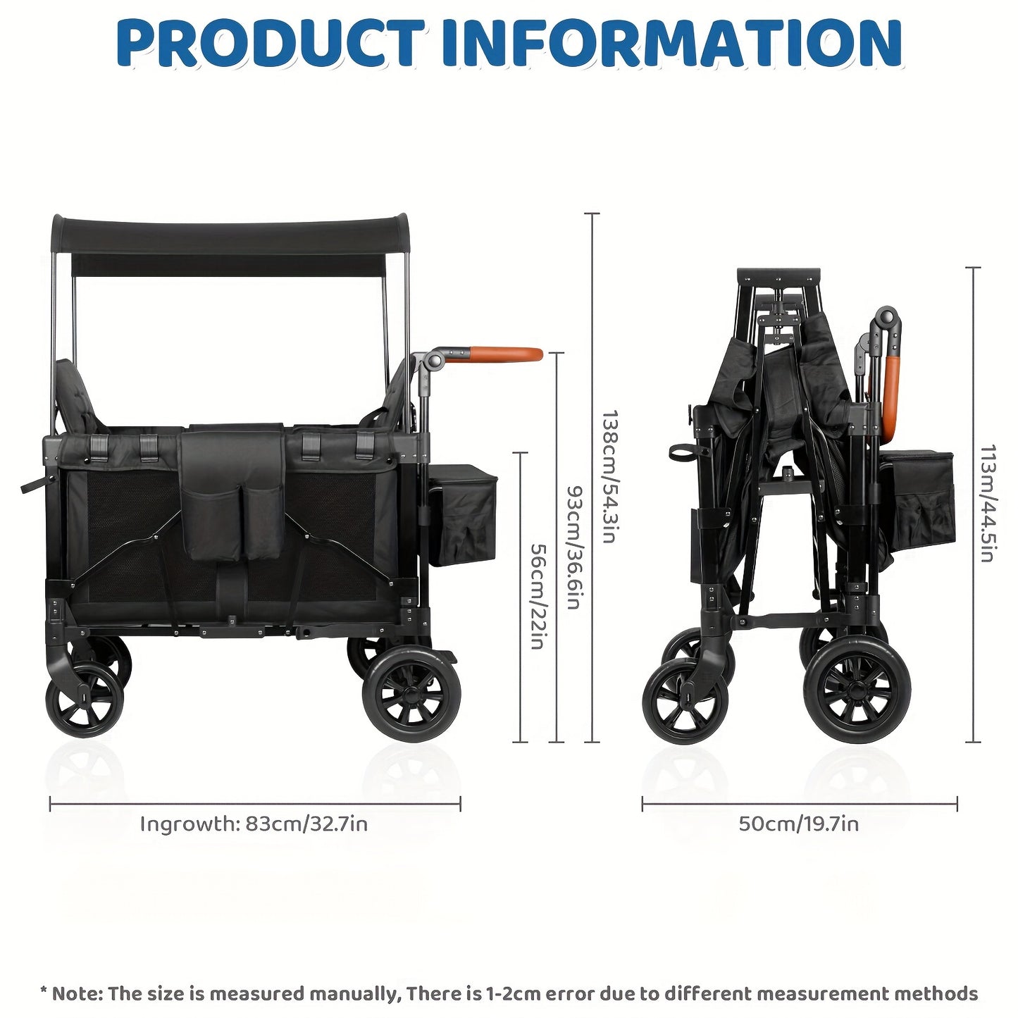 Luxury Comfort Stroller Wagon | Foldable 2 Passenger Double Seater With Adjustable Canopy | Black