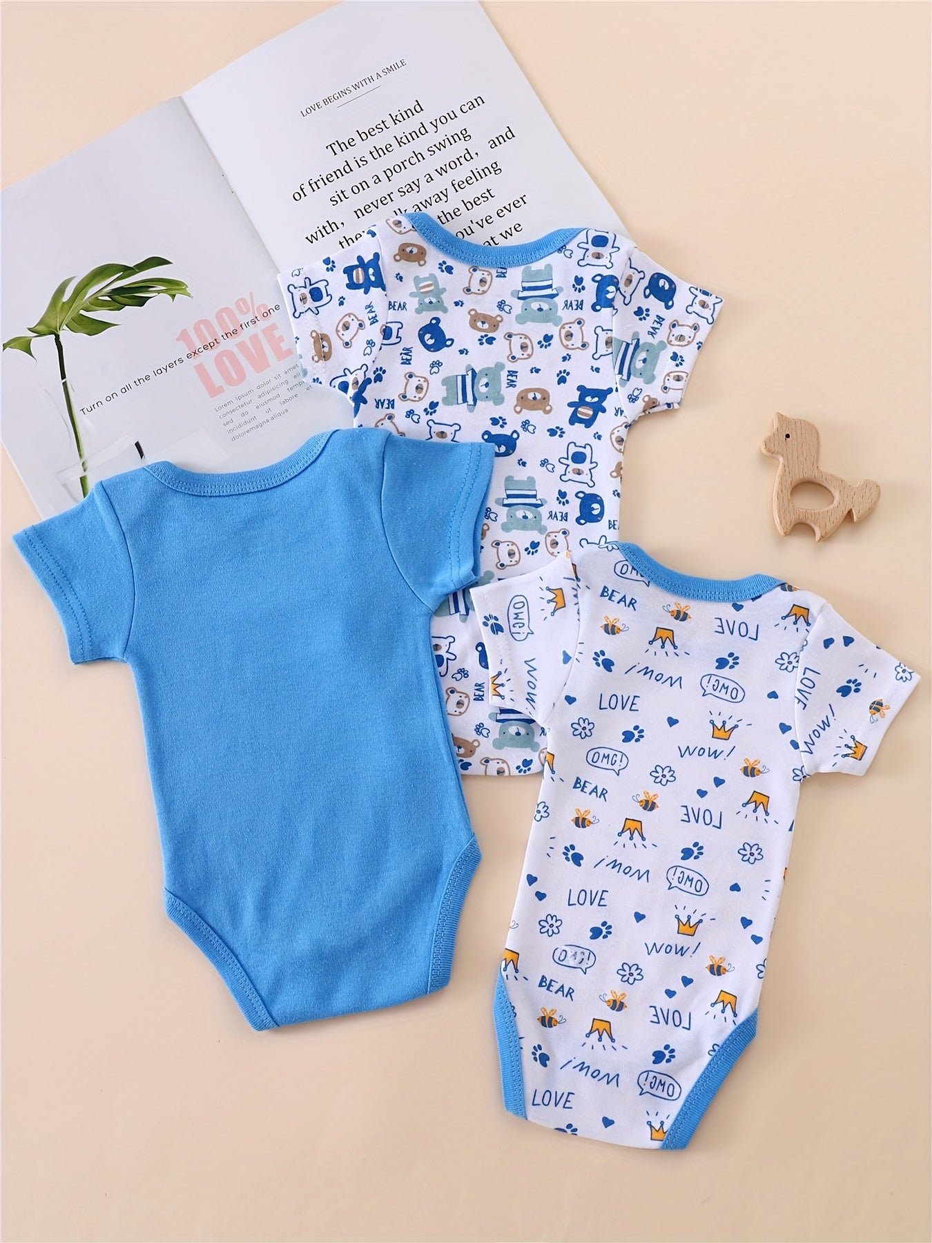 3pcs Toddler Boys' Short Sleeve Romper Set - Cute Lion Animal Print, Blue & White, Cotton, Round Neck, Summer Outfit with "LOVE" & "THANKS" Embroidery, Perfect for Spring/Summer, Clothes for Youngster, for Outdoor, Perfect fo