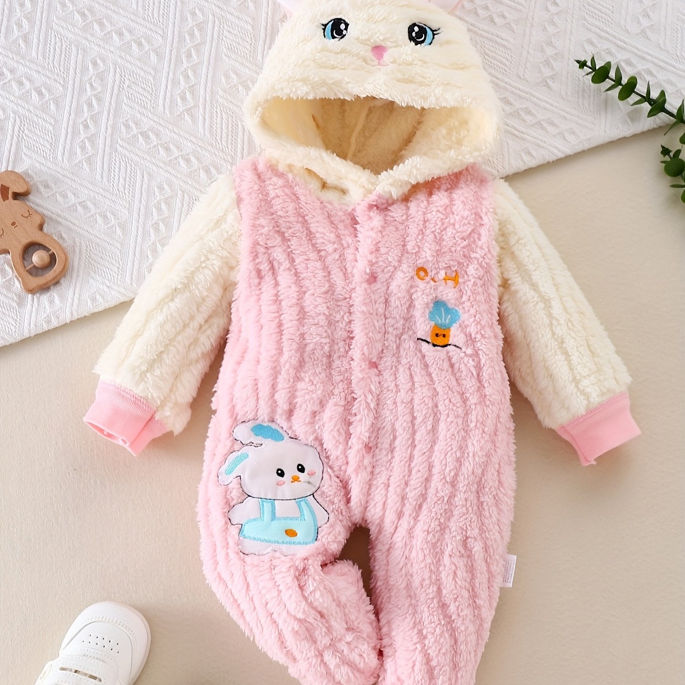 Baby Girl Winter Onesie Warm Pink Bunny Suit With Foot Pockets 0 To 9 Months Machine Washable