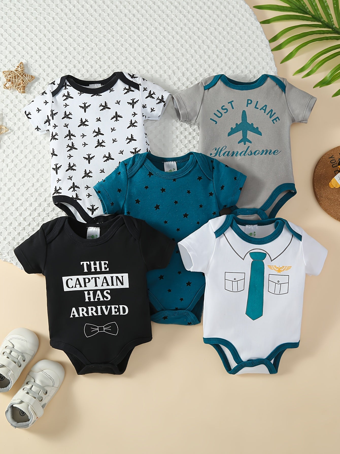 5pcs Set Of Baby Boy's Short Sleeved Cartoon Triangle Jumpsuit, Khai, Baby Boy's Airplane Tie, Gentleman's Casual Climbing Suit