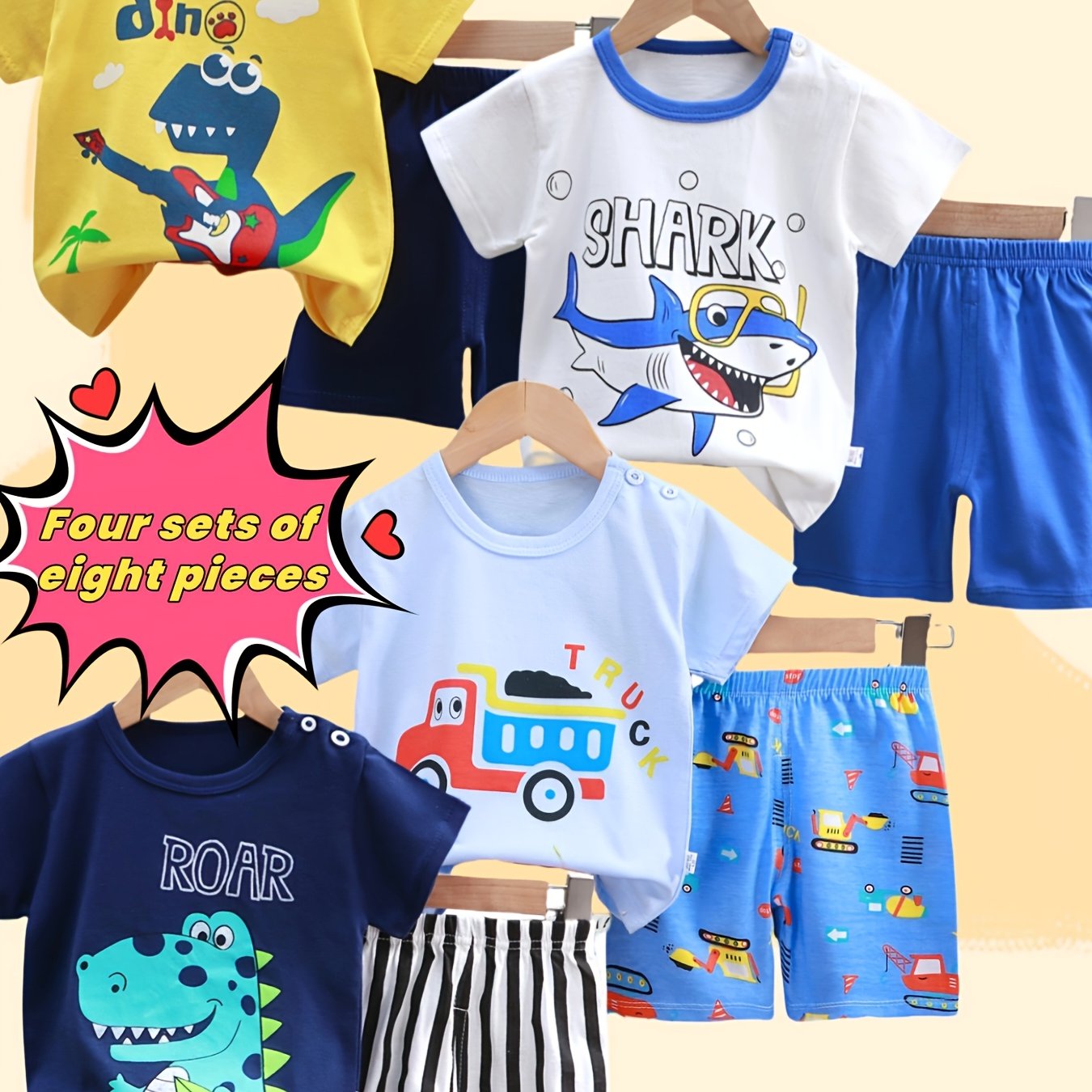 [Summer Baby Suit] Eight-piece Set New Summer Baby Short Sleeve Suit | Four Sets, Pure Cotton Material, Dinosaur Car Print, Comfortable And Breathable, Best Gift For Children