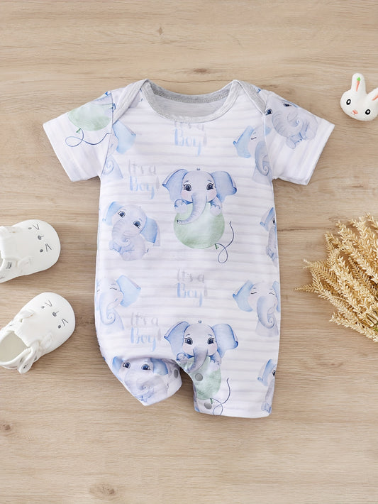 Summer Elephant Stripes Romper Adorable Cartoon Print Short Sleeve Unisex Jumpsuit
