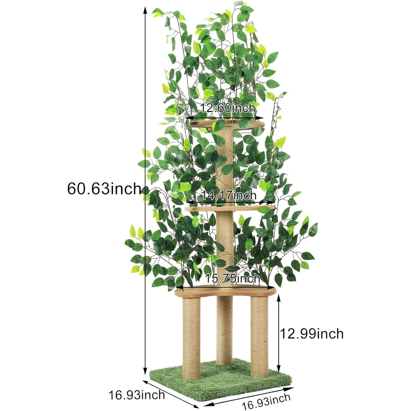 60 Inch Tall Cat Tree with Leaves Multilevel Scratching Post and Hideaway for Indoor Cats