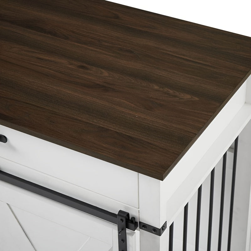 Wooden Dog Crate Kennel End Table with Sliding Barn Door and Convenient Drawer