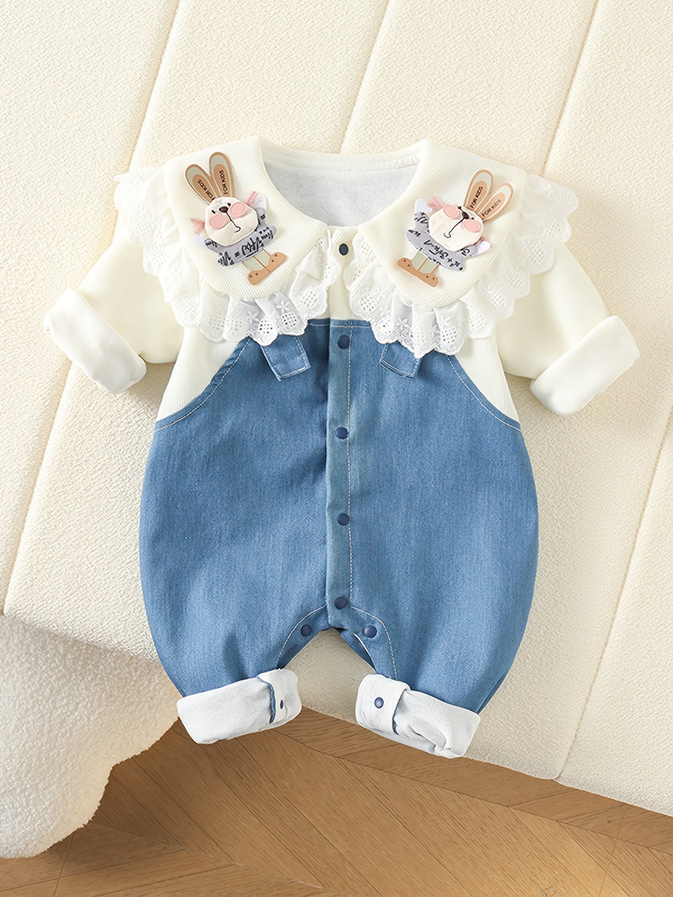 Cute Bunny Baby Girl Bodysuit Denim Lace Trim Long Sleeve