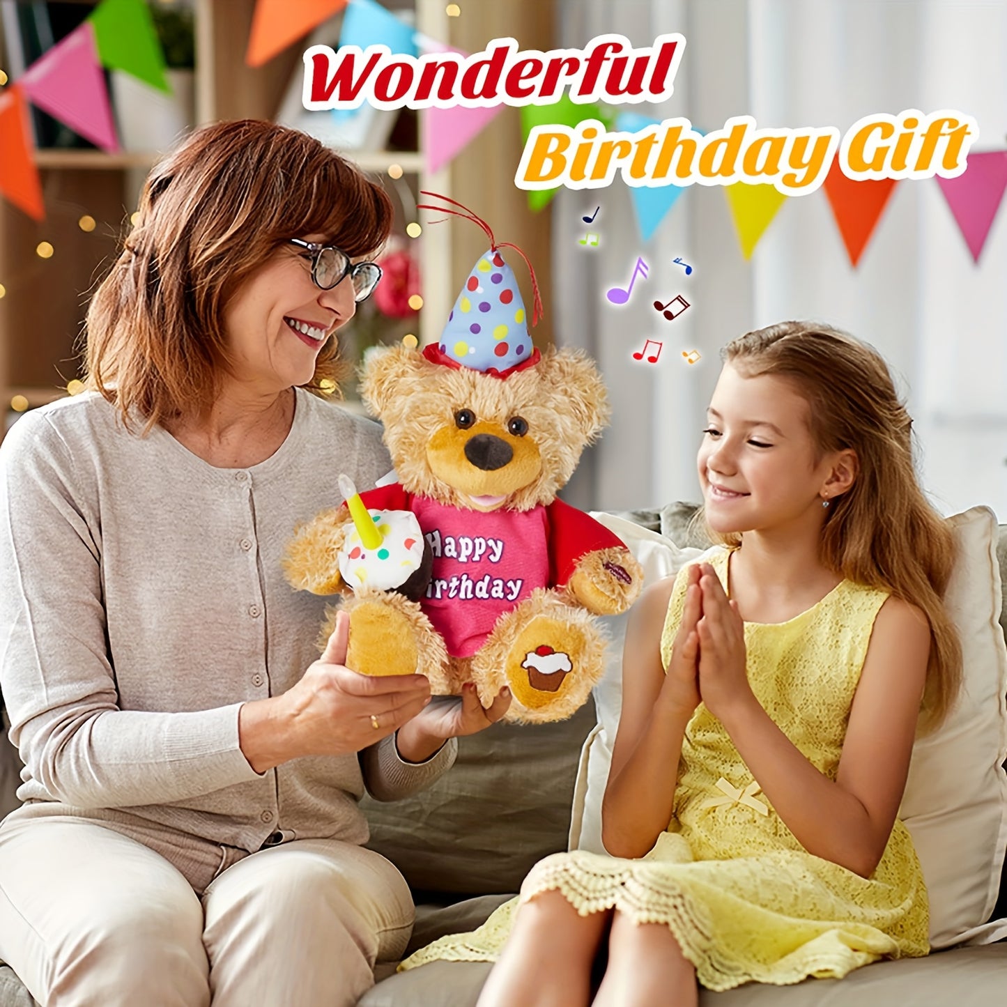 Interactive Birthday Teddy Bear Plush Toy with Music Cupcake and Glowing Candle Gift