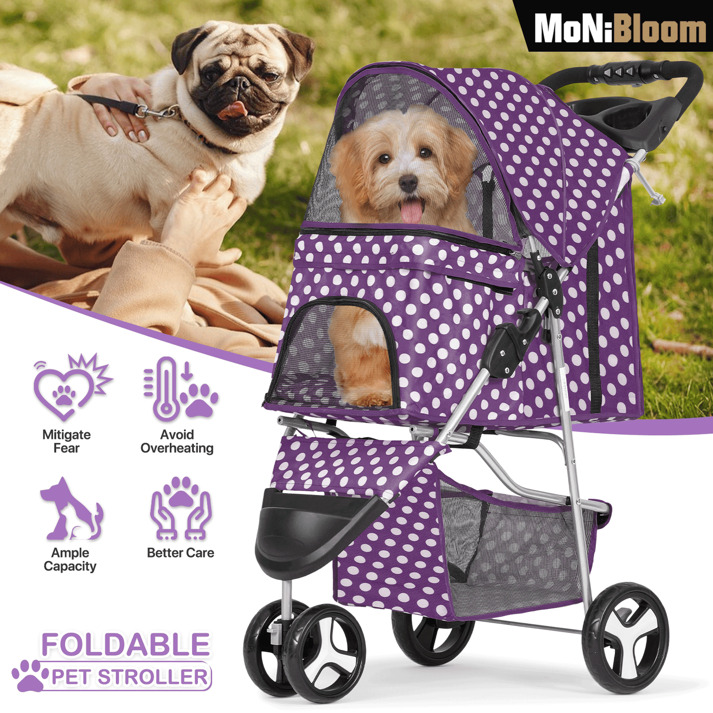 MoNiBloom Foldable Dog Strollers for Small Dogs with Weather Cover, 3 Wheels Pet Strolling Cart for Dogs and Cats with Storage Basket and Cup Holder, Breathable and Visible Mesh for All-Season