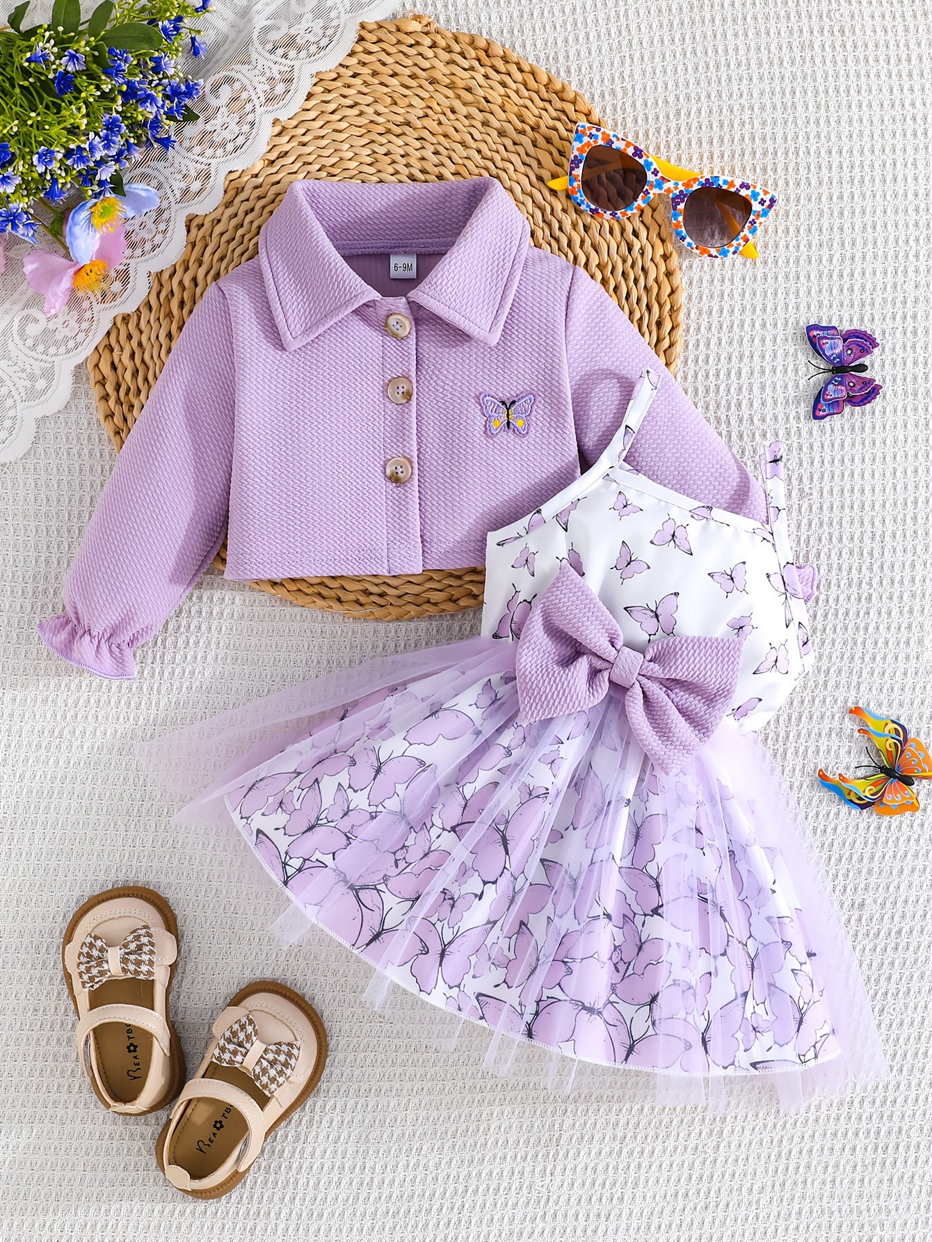 Toddler Girl Butterfly Outfit Set With Bee Sleeveless Suspenders Dress And Cardigan