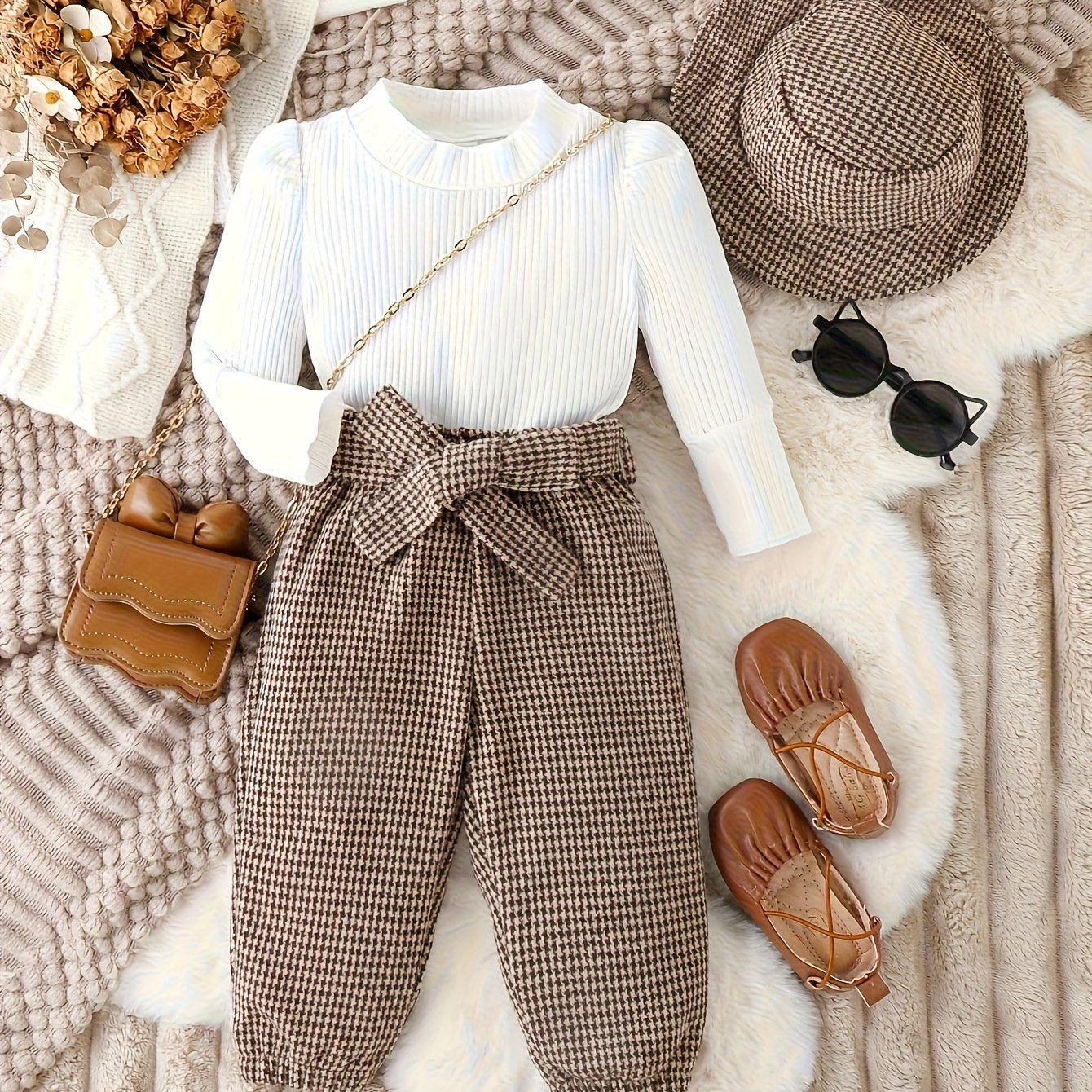 Autumn Winter Baby Girl Knit Set With Checkered Pants Hat