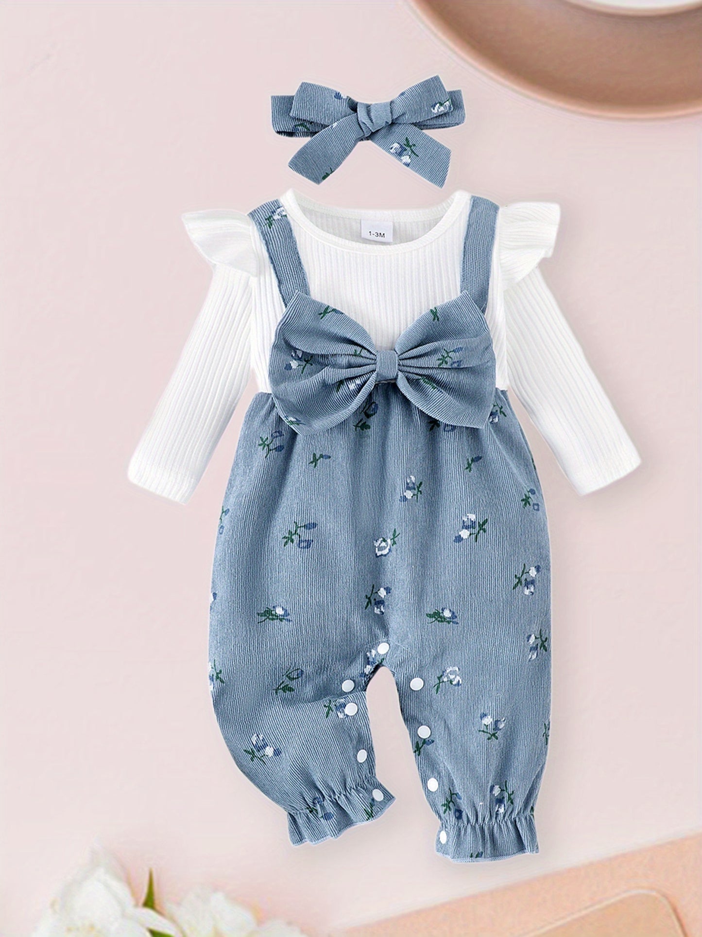 Floral Print Baby Romper Set Two Piece With Bow Headband