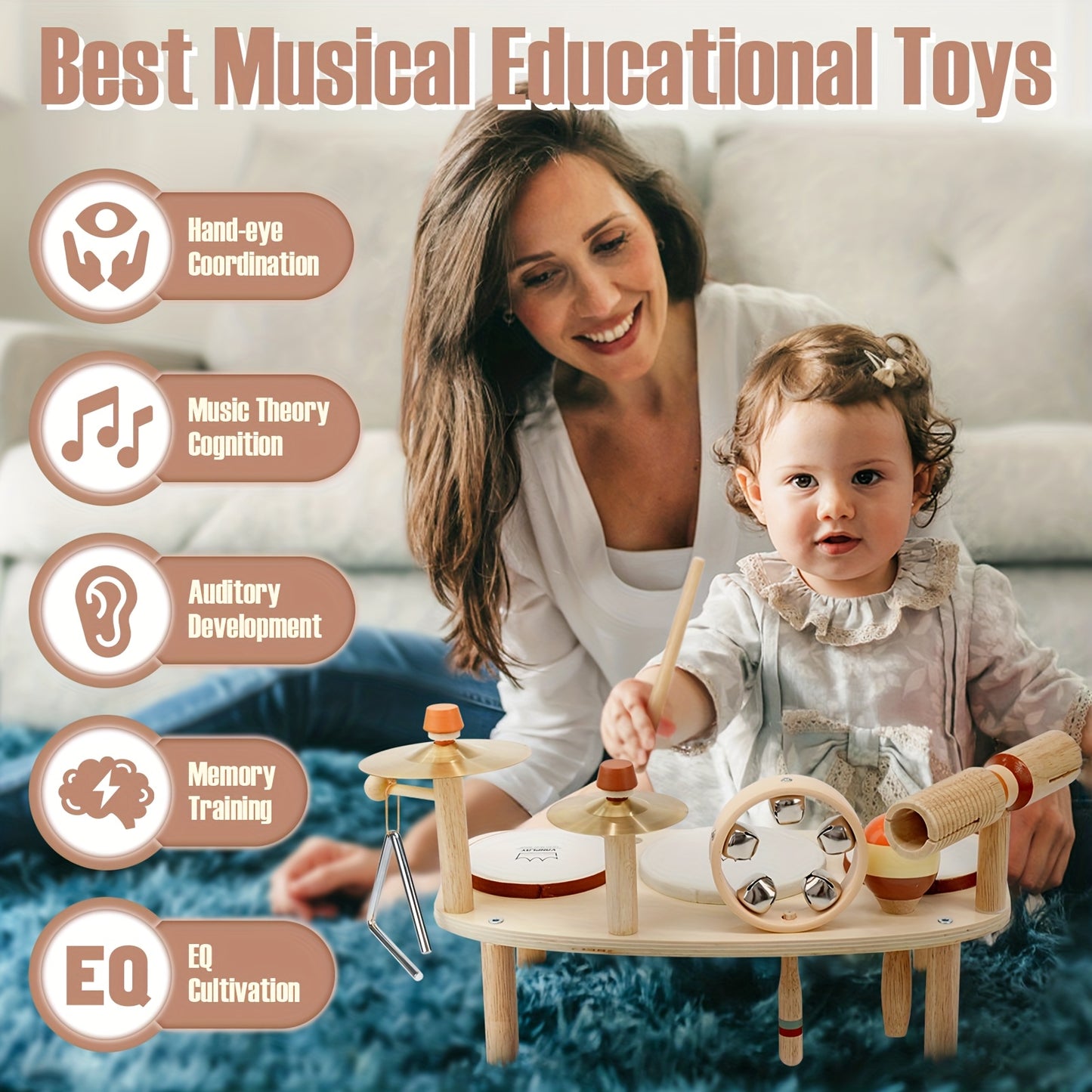 Vanplay 11 In 1 Wooden Musical Drum Set For Kids 18 Months And Up Educational Toy Gift