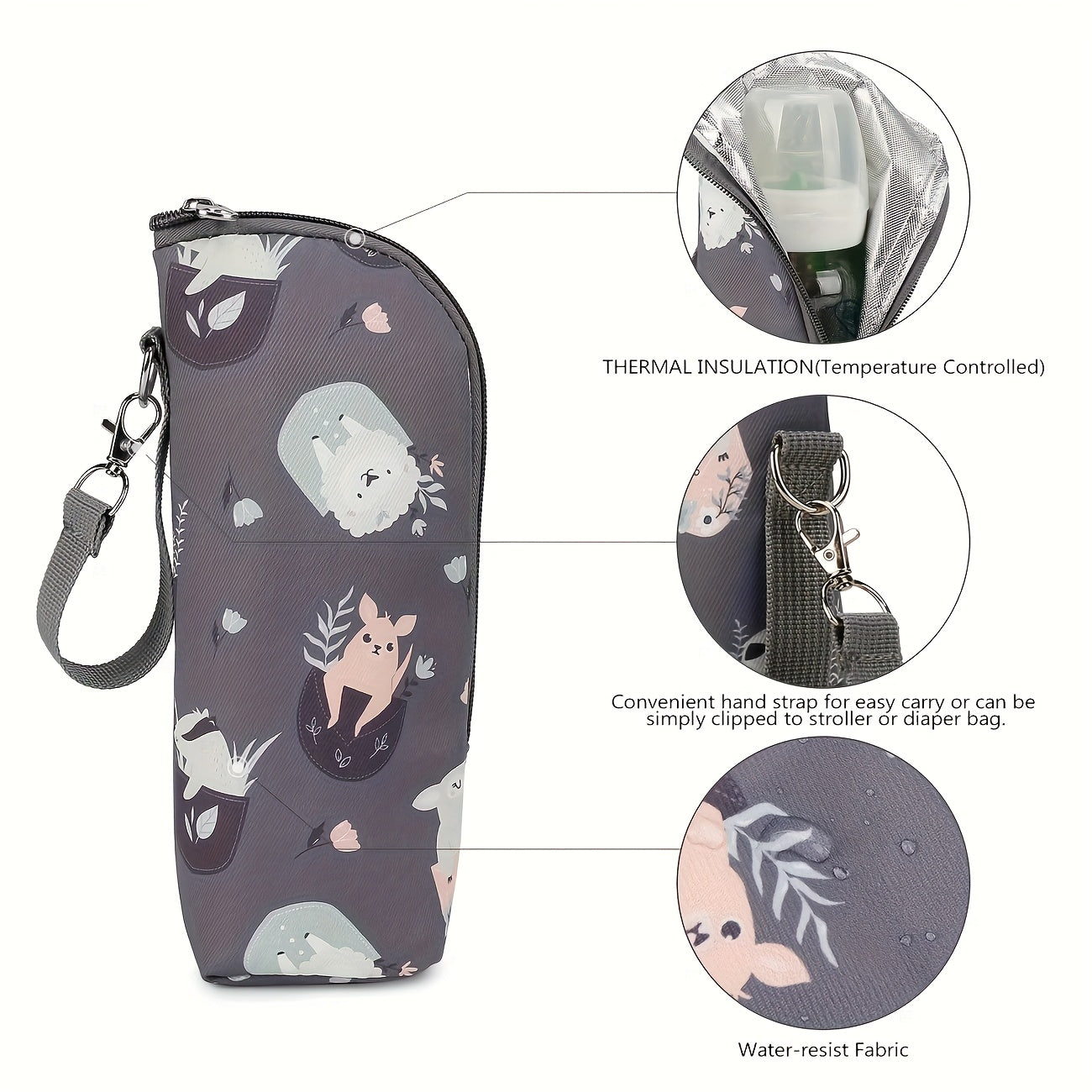 Cute Animal Print Insulated Bottle Bag - Portable, Durable Polyester Mommy Diaper Bag With Zipper Closure, Ideal For Travel And Daily Use, Travel Diaper Bag | Playful Design | Zippered Bag, Diaper Bag