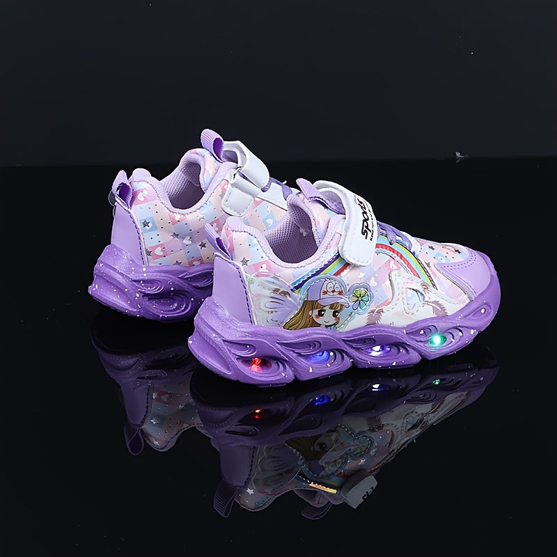 Girls Cute Cartoon Print LED Running Shoes for Toddlers and Youngsters Light Up Sports Shoes
