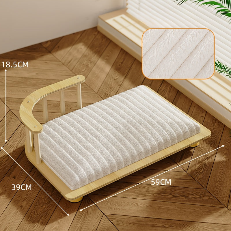 Durable Solid Wood Cat Bed Elevated Pet Nest with Striped Fabric Mat for Year-Round Comfort