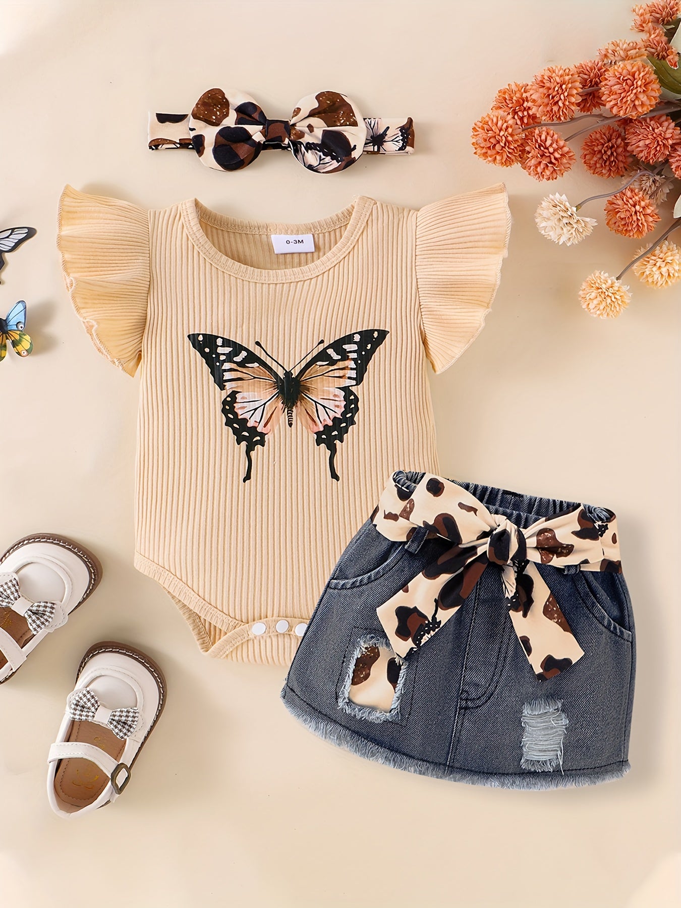 CETEPY Youngsters Girl Summer Clothes Cute Butterfly Printed Romper + Denim Skirt + Headband 3pcs Shorts Set 0-18 Months
