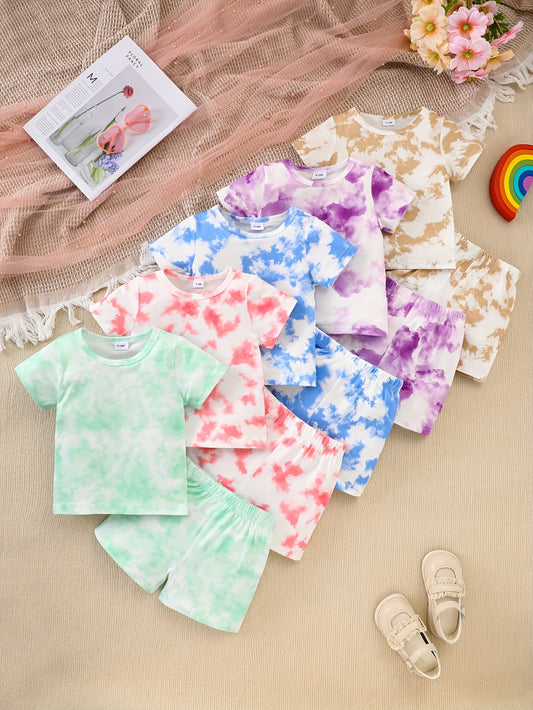 10pcs Girls Solid Color Casual Style Thin Soft And Comfortable Knitted Fabric Tie-Dye Short-Sleeved Shorts Suit, Outdoor Sports