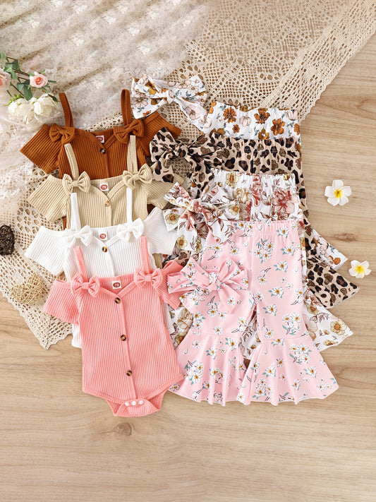 3pcs Baby Girl Spring Outfit Set Cold Shoulder Romper Flare Pants Headband for Outdoors