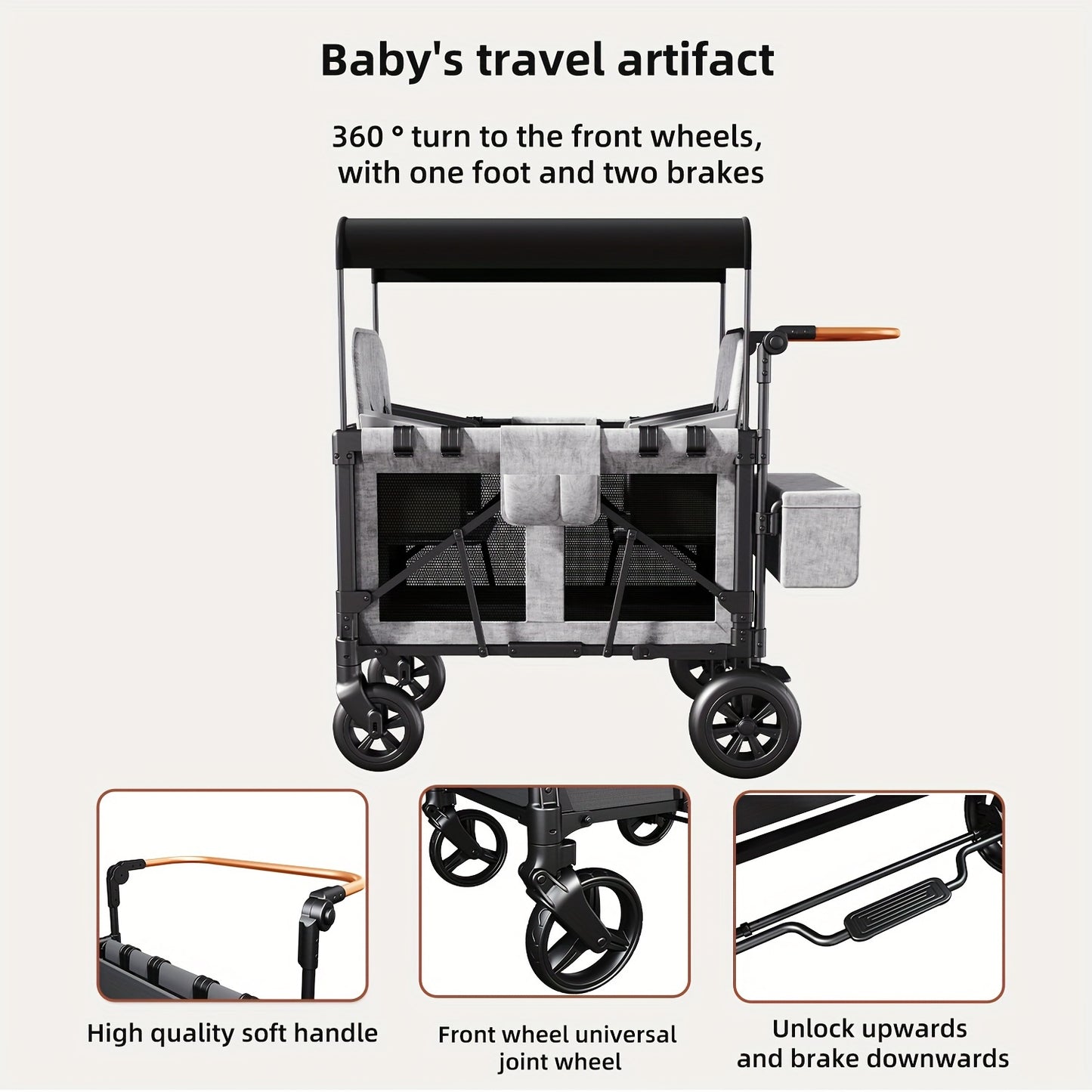 Double Stroller Wagon with 2 High Seats, 5-Point Harnesses, Adjustable Handle, and Height Adjustable Canopy for UV Protection