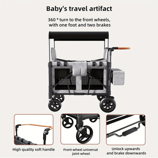 Double Stroller Wagon with 2 High Seats, 5-Point Harnesses, Adjustable Handle, and Height Adjustable Canopy for UV Protection