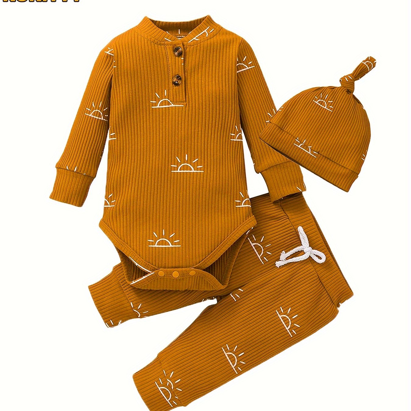 KuKitty Baby Boys Clothes Newborn Ribbed Long Sleeve Romper With Sun Pattern Pants Hat Outfits Set