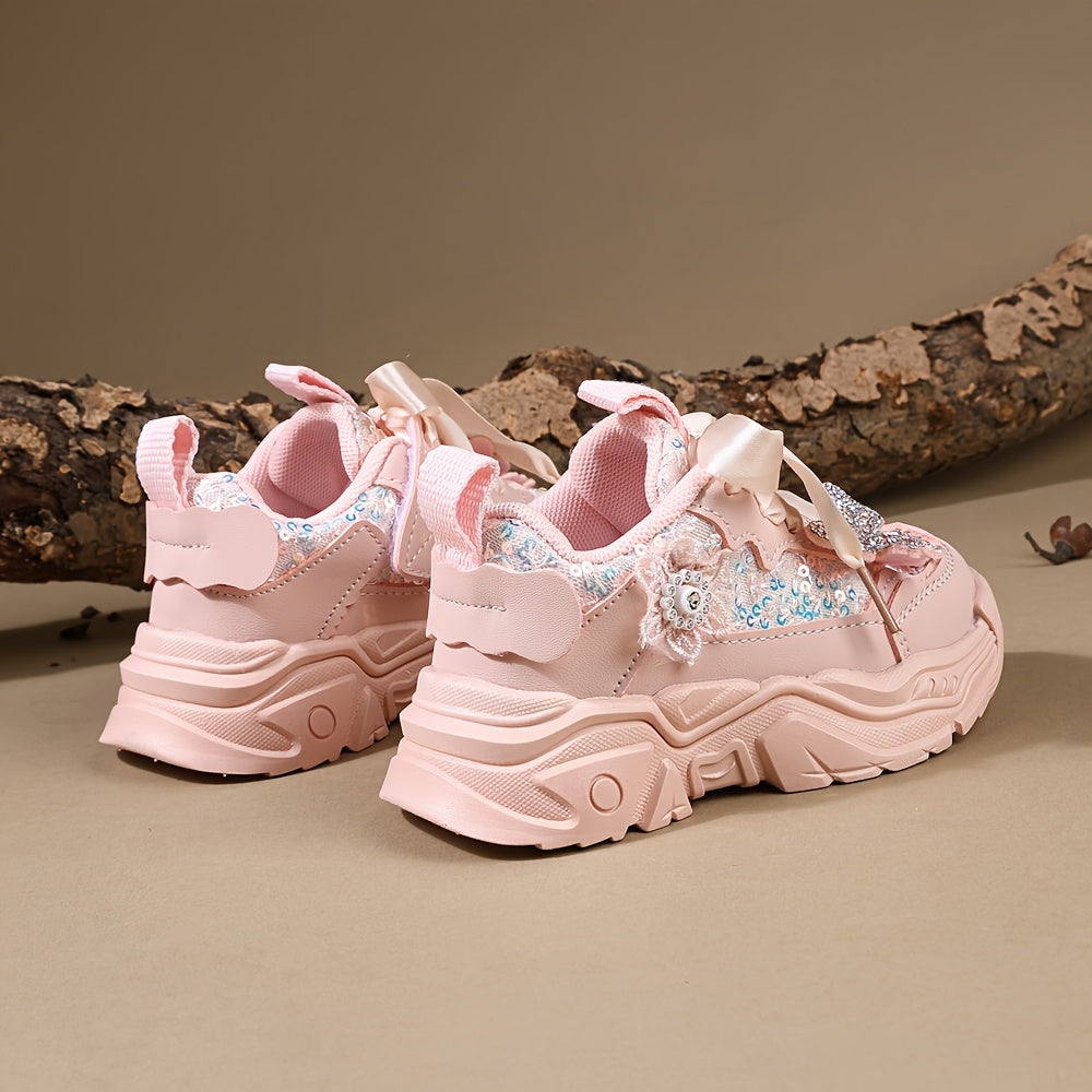 Sparkly Rhinestone Butterfly Bow Girls Sneakers Lightweight Cute Casual Shoes for Play