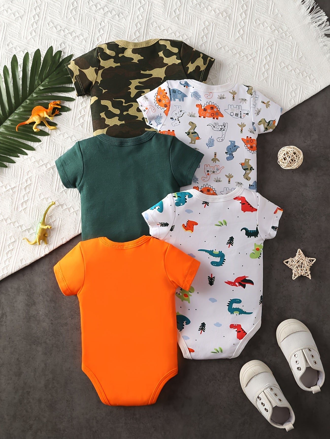 5 Pack Baby Boy Dinosaur Rompers Set Short Sleeve Jumpsuits