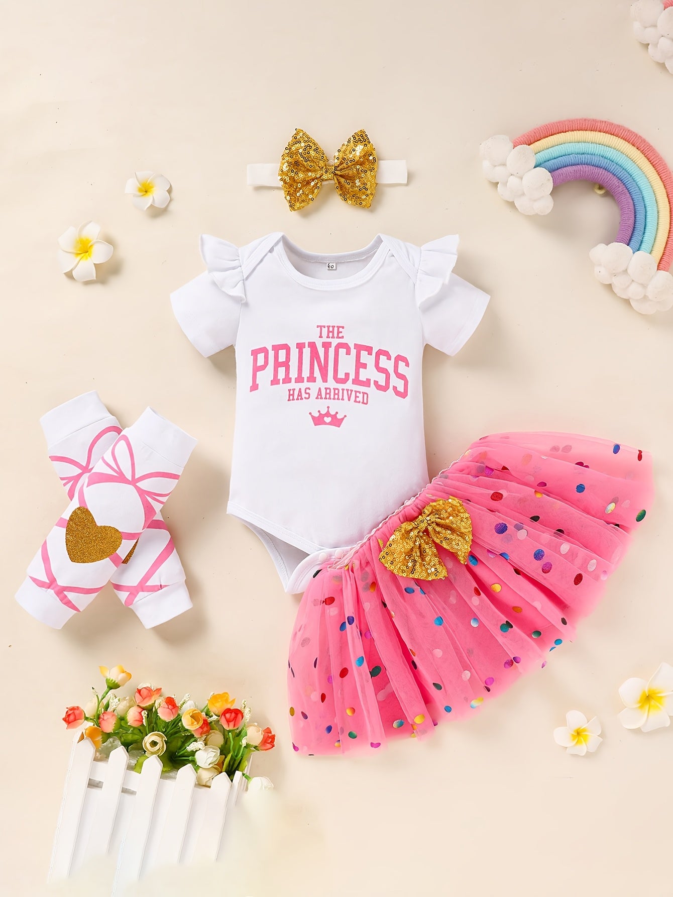 Zukuco Newborn Baby Girl Outfits Infant Letter Print Romper+Tutu Skirt+Headband+Legging Warmer Coming Home Clothes Set