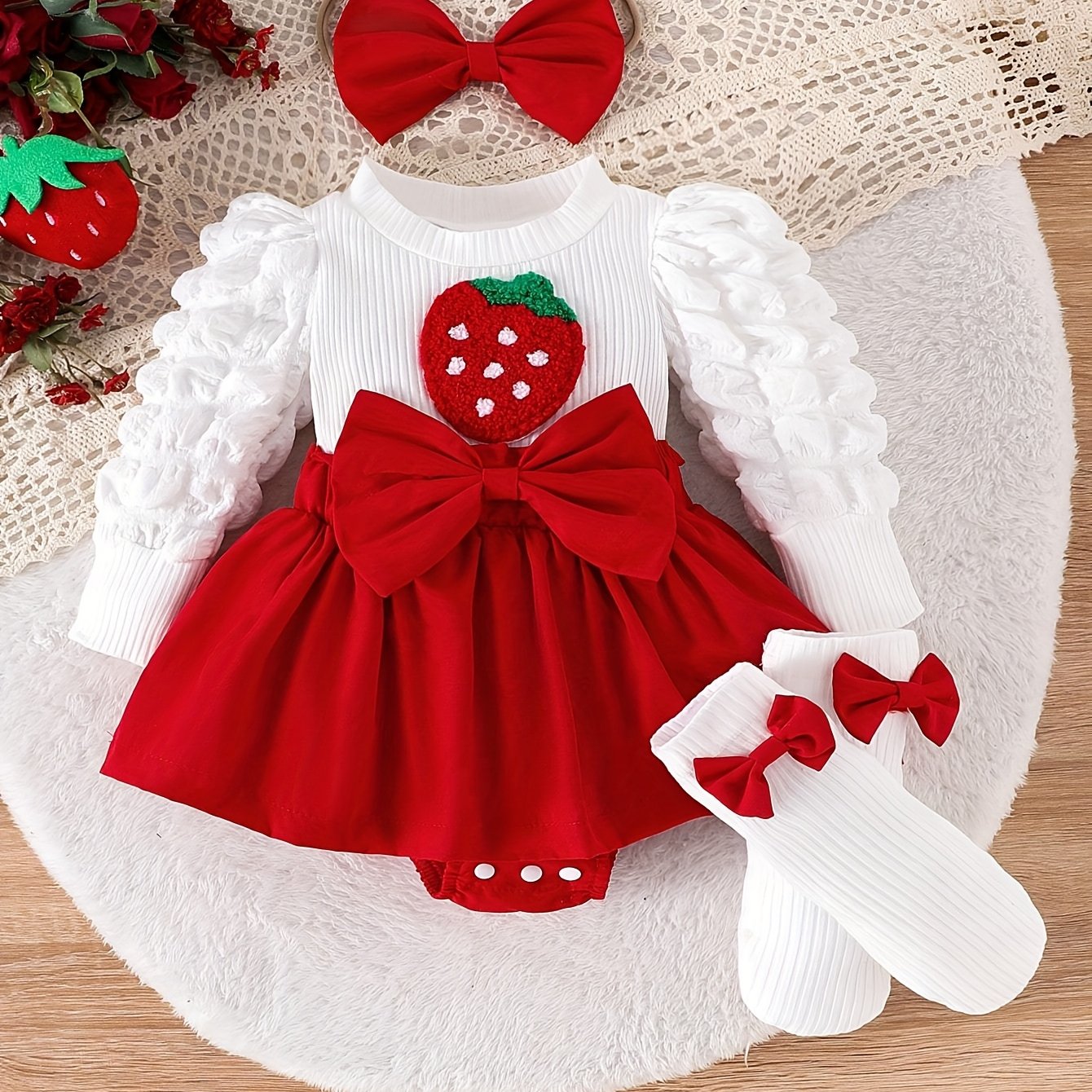 Four Piece Baby Girl Strawberry Embroidered Bow Romper Set With Headband And Socks