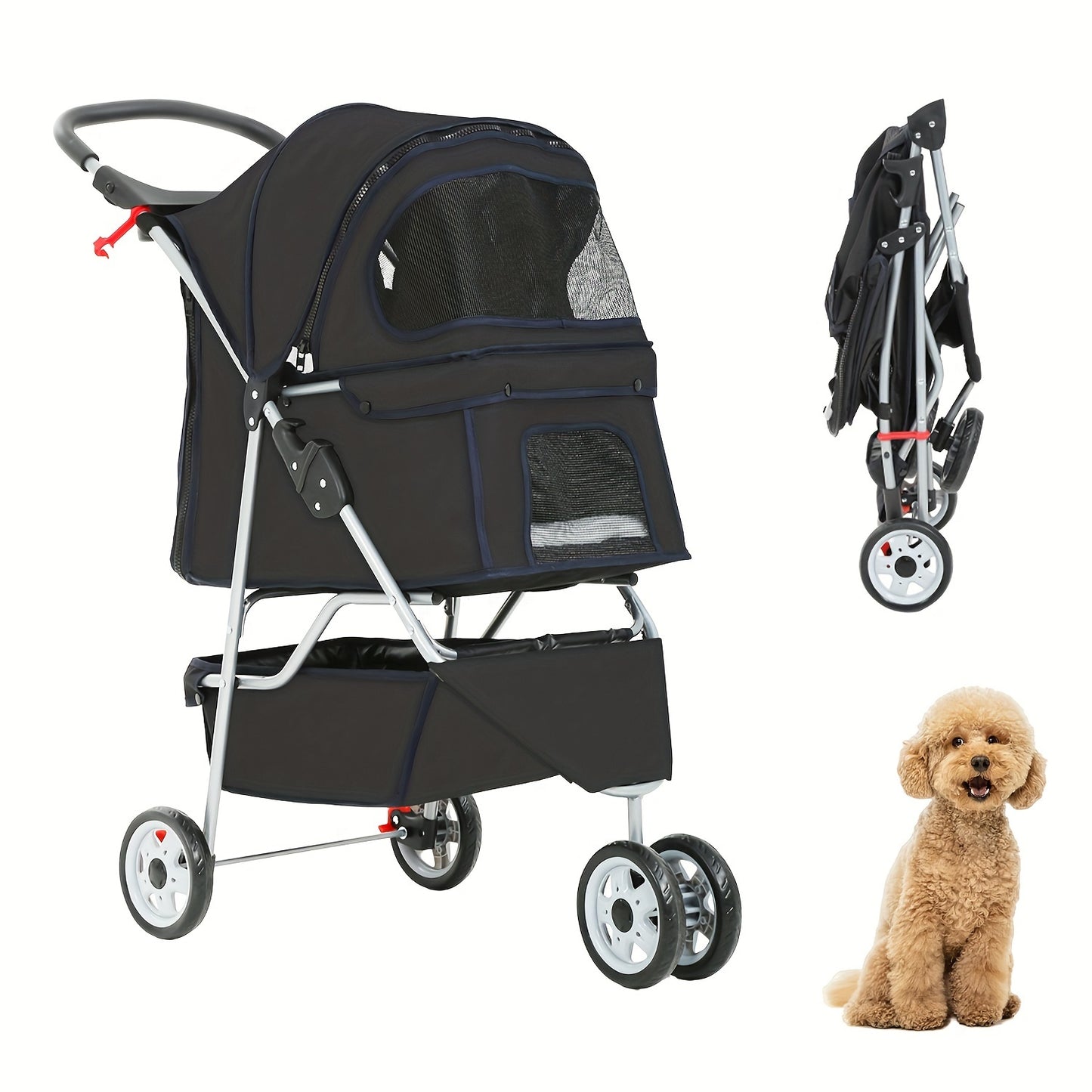 3 Wheels Pet Cat Jogger Stroller, Folding Carrier Waterproof Puppy Stroller With Cup Holder & Removable Liner, Dog Strollers For Small Dogs, For Small And Medium Pets