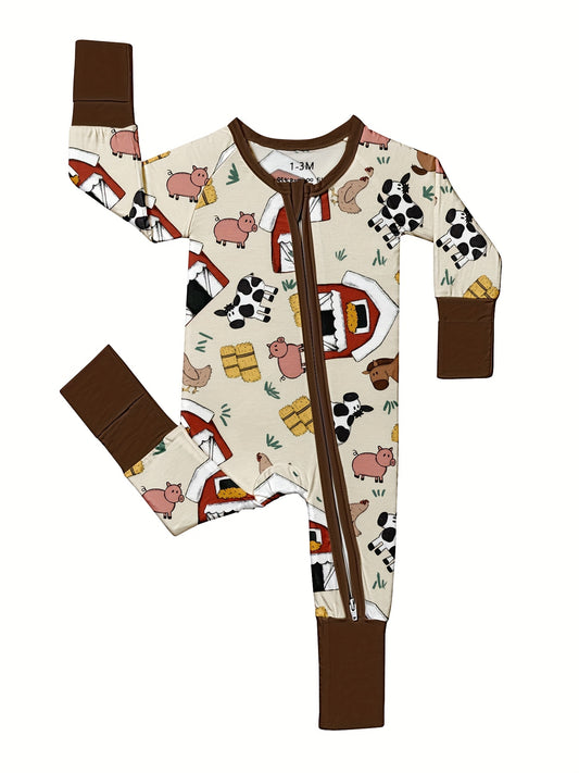 [Bamboo | Soft] Soft Bamboo Fiber Youngsters Romper | Long Sleeve, Zipper Closure, Anti-Grip Feet & Mitten Cuffs | Machine Washable, All-Season Comfort, Cartoon Farm Prints, Safe Youngsters, Bamboo Youngsters Clothes