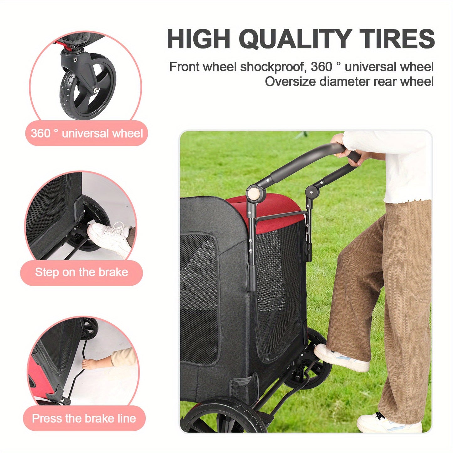 Spacious Pet StrollerRoomy For Pets Up To 120lbs (54kg). 3-sided Mesh For Airflow & Security. 360° Silent Wheels & 3-angle Adjustable Handle For Easy Maneuvering. One-step Fold For Compact Storage.