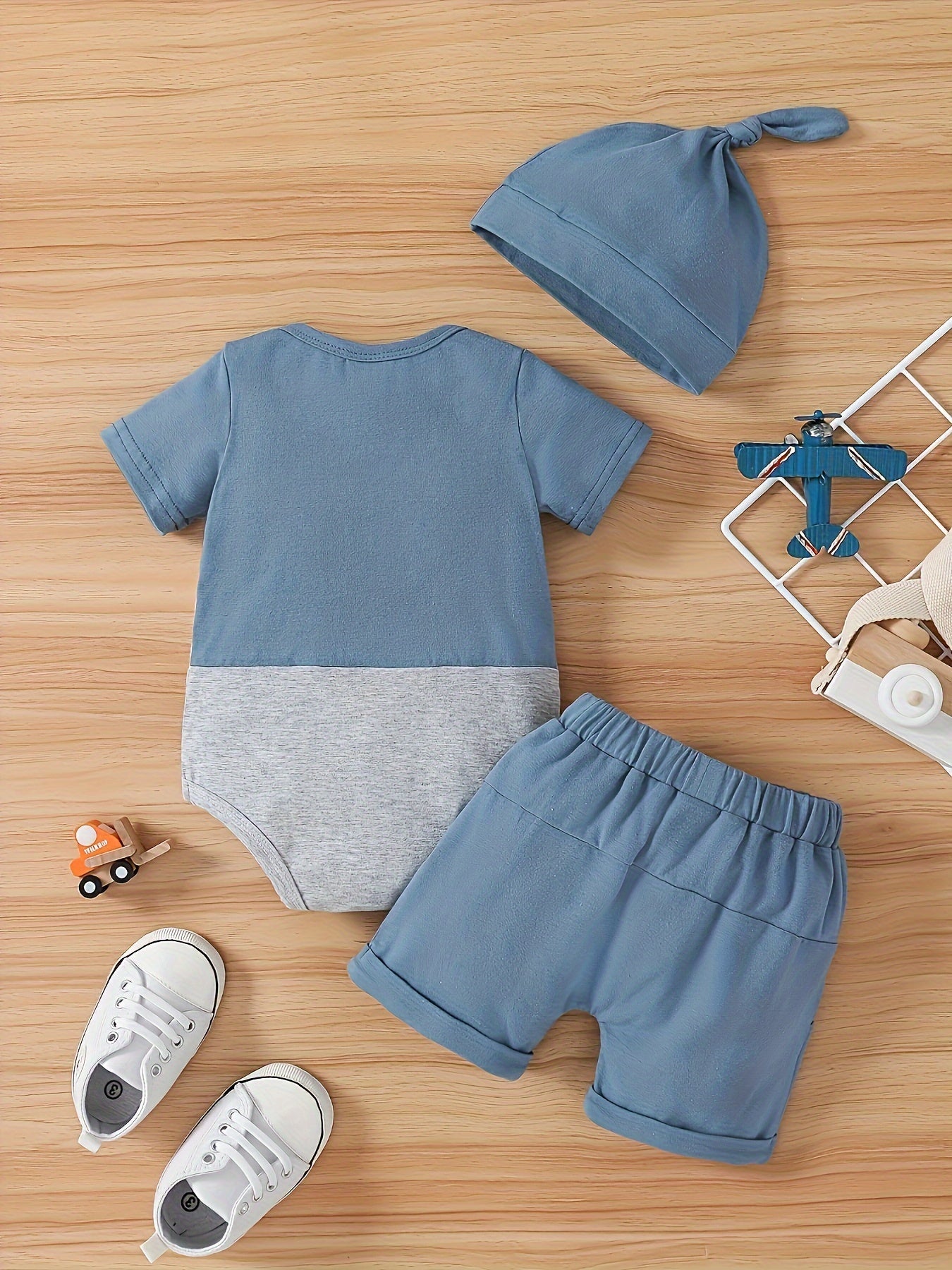 3 pieces of baby boy summer new letter print patchwork jumpsuit shorts and hat set