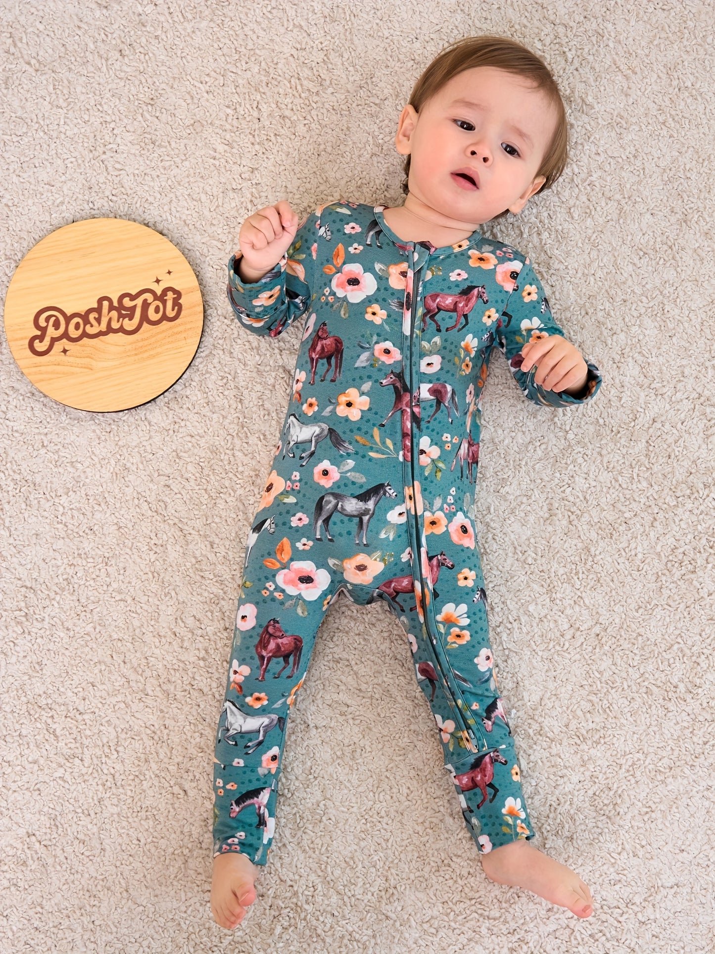 Ship From US, POSHTOT Mustang Print Bamboo Fiber Breathable Bamboo Fiber Baby Long Sleeve Pants Tights. Comfortable Fit, Cute, Baby Two-way Zip-up Onesie with Folding Feet And Mittens for Ages 0-2. Casual Outdoor Jumpsuit for