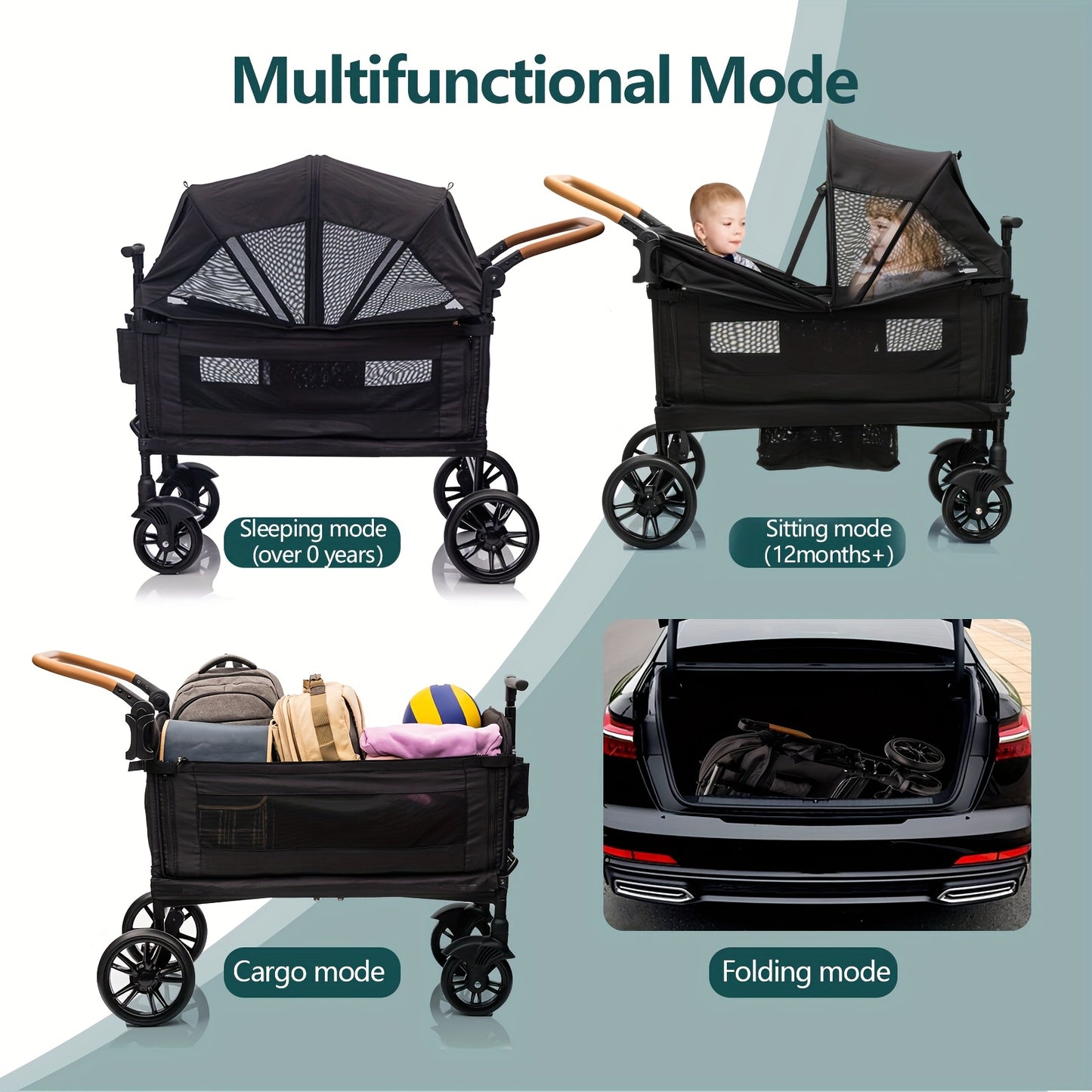 Lightweight Foldable Wagon Stroller for 2 Kids & Cargo Travel - 5-Point Harness, Adjustable Handlebar & Canopy, Tray Table & Cup Holder - Durable Push-Pull Stroller for Newborns & Toddlers (Gray/Black), Travel Stroller, Every