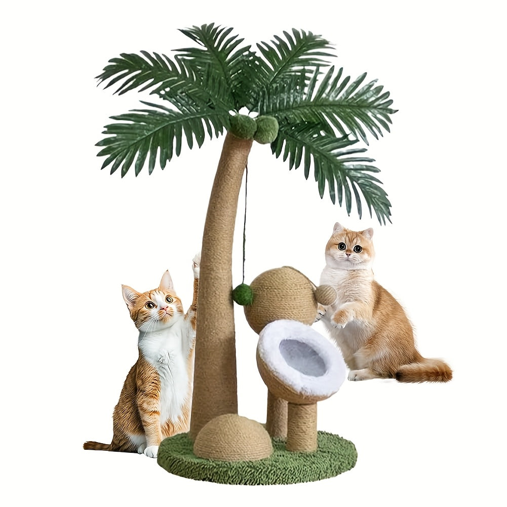 33 Inch Large Cat Scratching Post with Curved Palm Tree Design and Interactive Toys