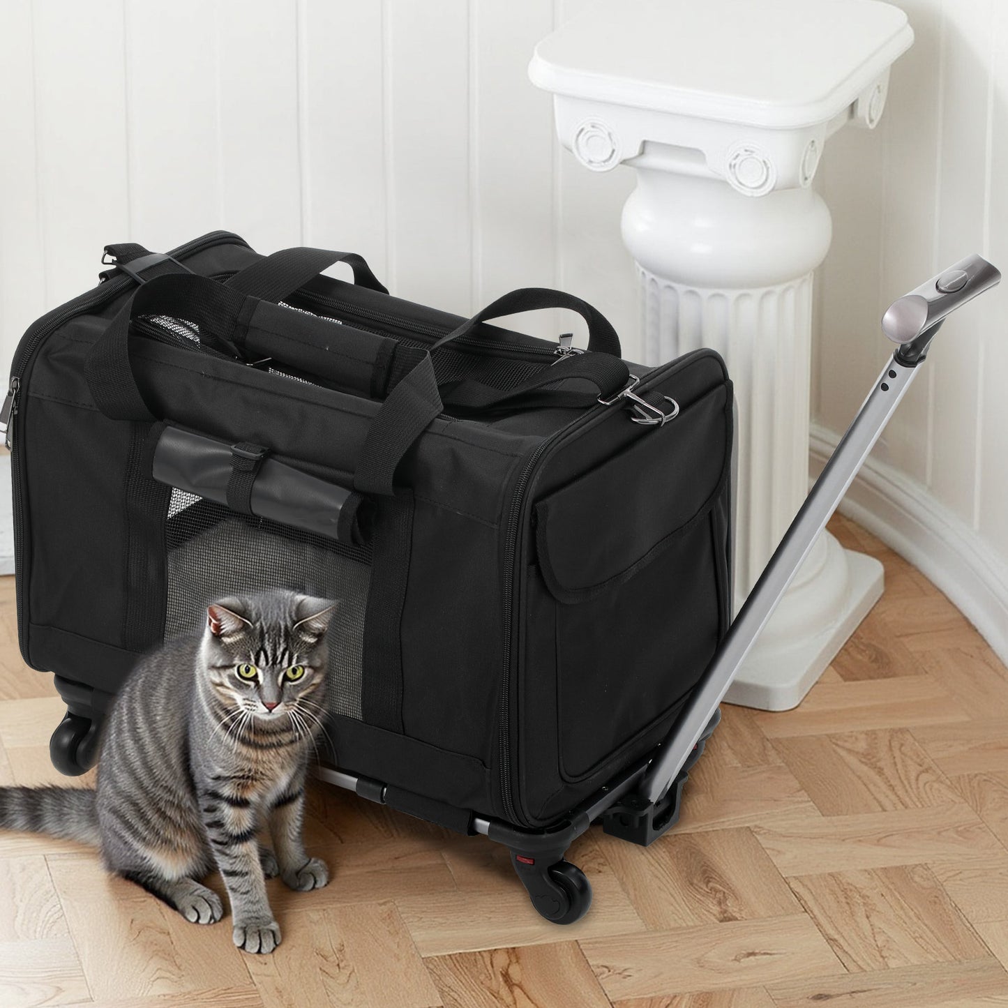 Heavy-Duty Pet Travel Bag with Rolling Wheels - Expandable Carrier, Scratch-Resistant & Foldable Design, Front Zipper Access, Side Pocket - Portable with Extended Handle for Airplane, Car, Vet Visits - Ideal for Cats & Small