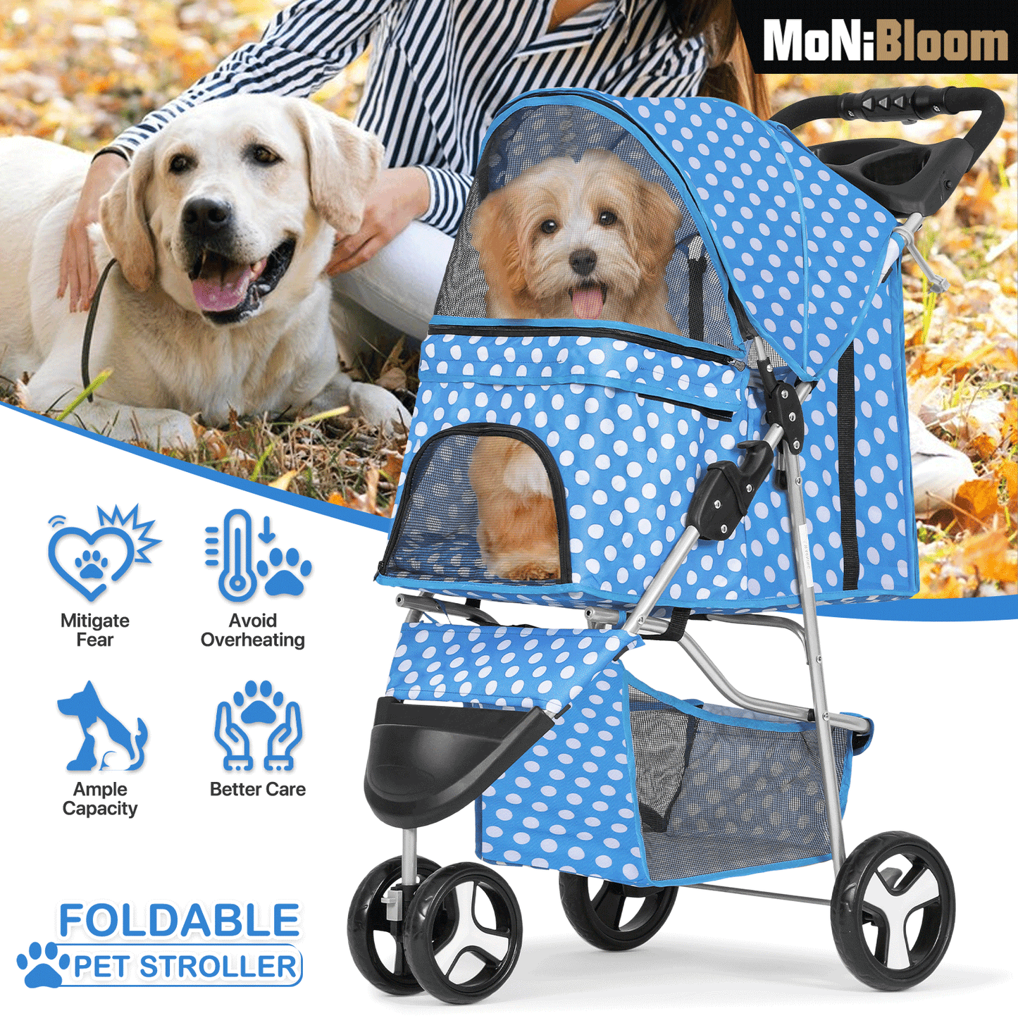 MoNiBloom Foldable Dog Strollers for Small Dogs with Weather Cover, 3 Wheels Pet Strolling Cart for Dogs and Cats with Storage Basket and Cup Holder, Breathable and Visible Mesh for All-Season