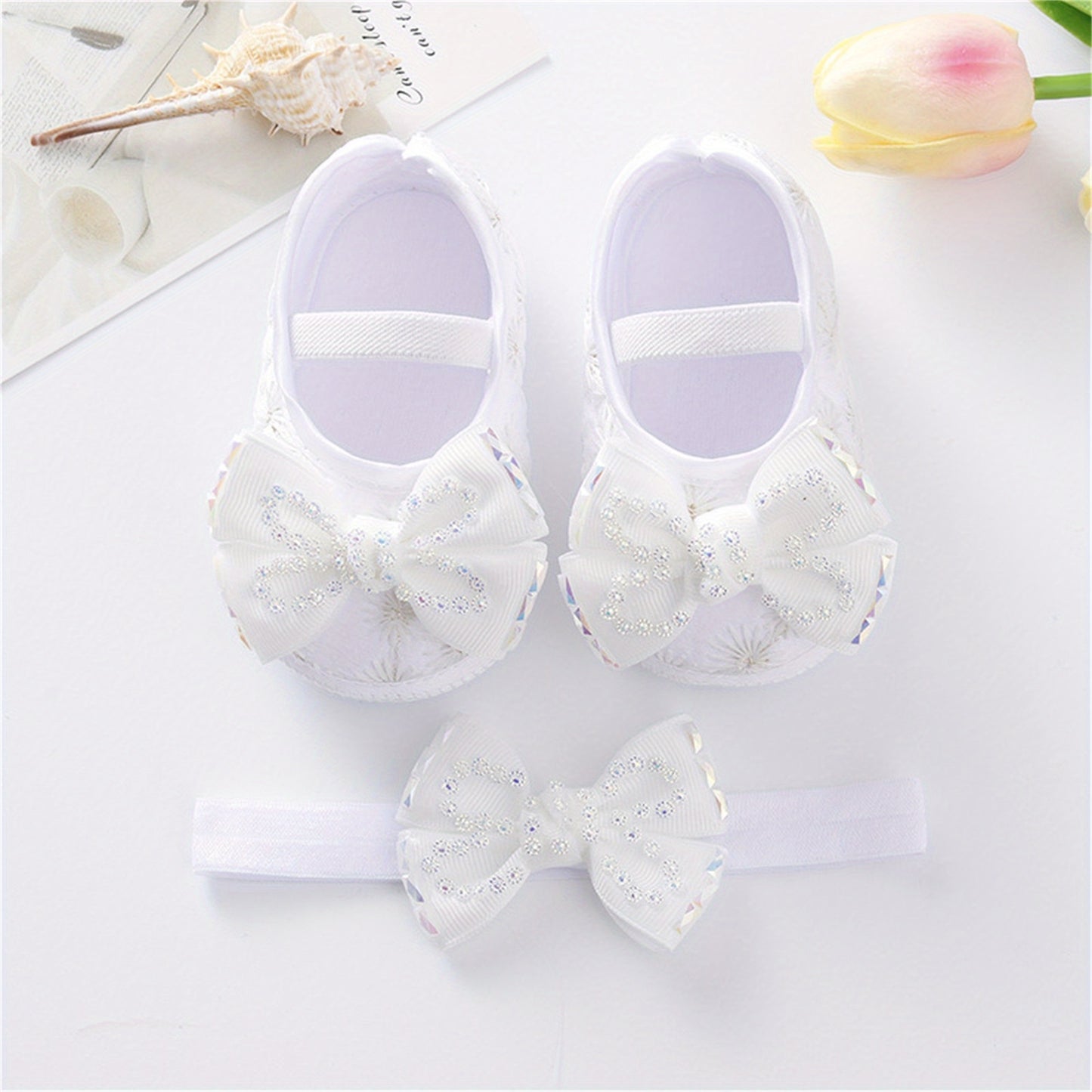 Mary Jane Flats Beaded Bow Princess Shoes Dress Walking Shoes and Headband