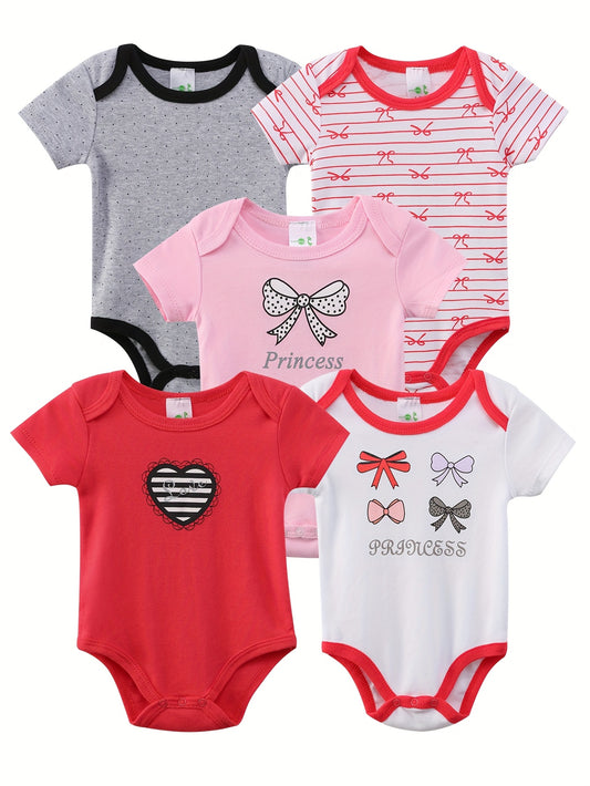 Soft Cotton Baby Girl Onesies 5 Pack Floral Heart Rompers