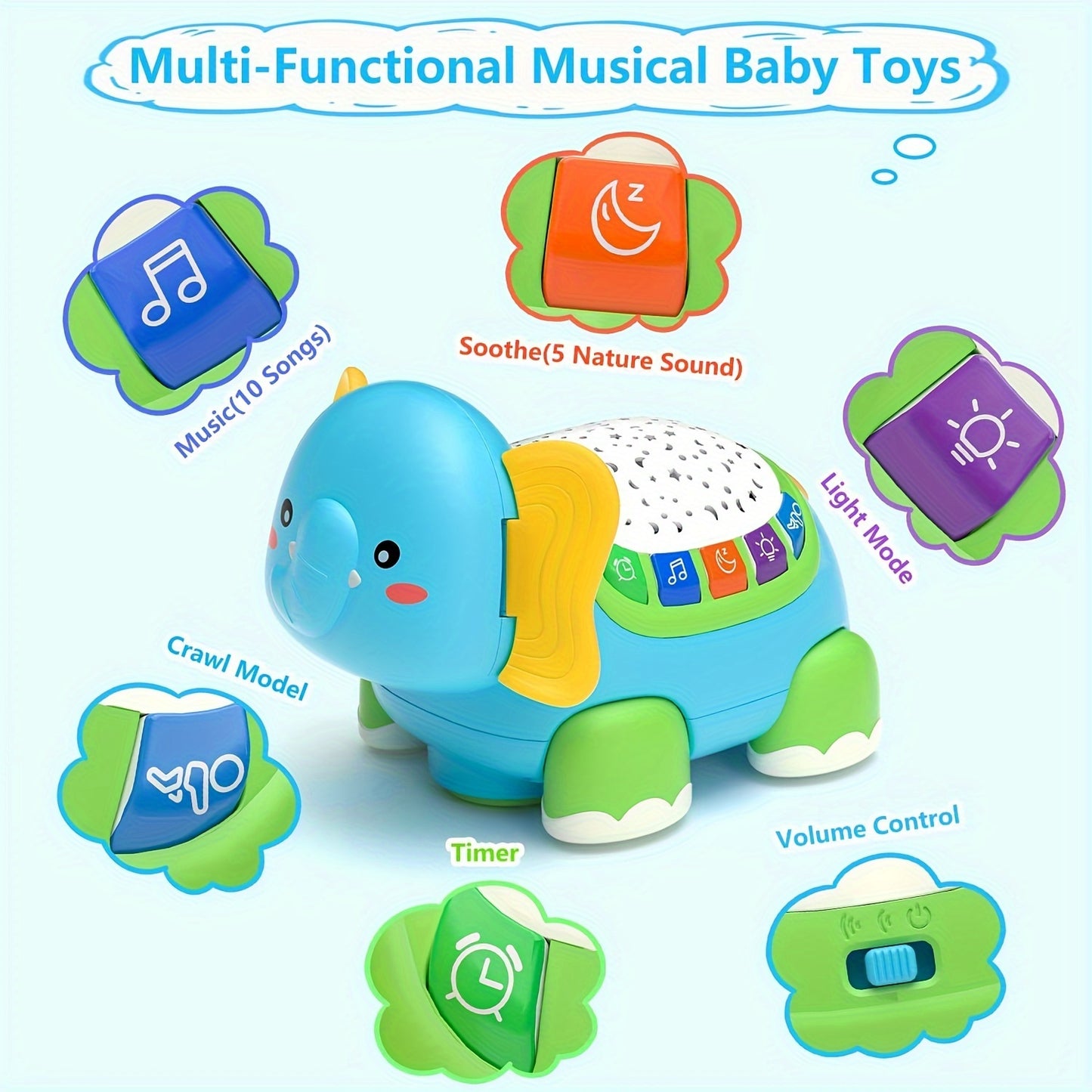 Crawling Baby Toys with Star Projector Music Light Elephant Sensory Toy for Development
