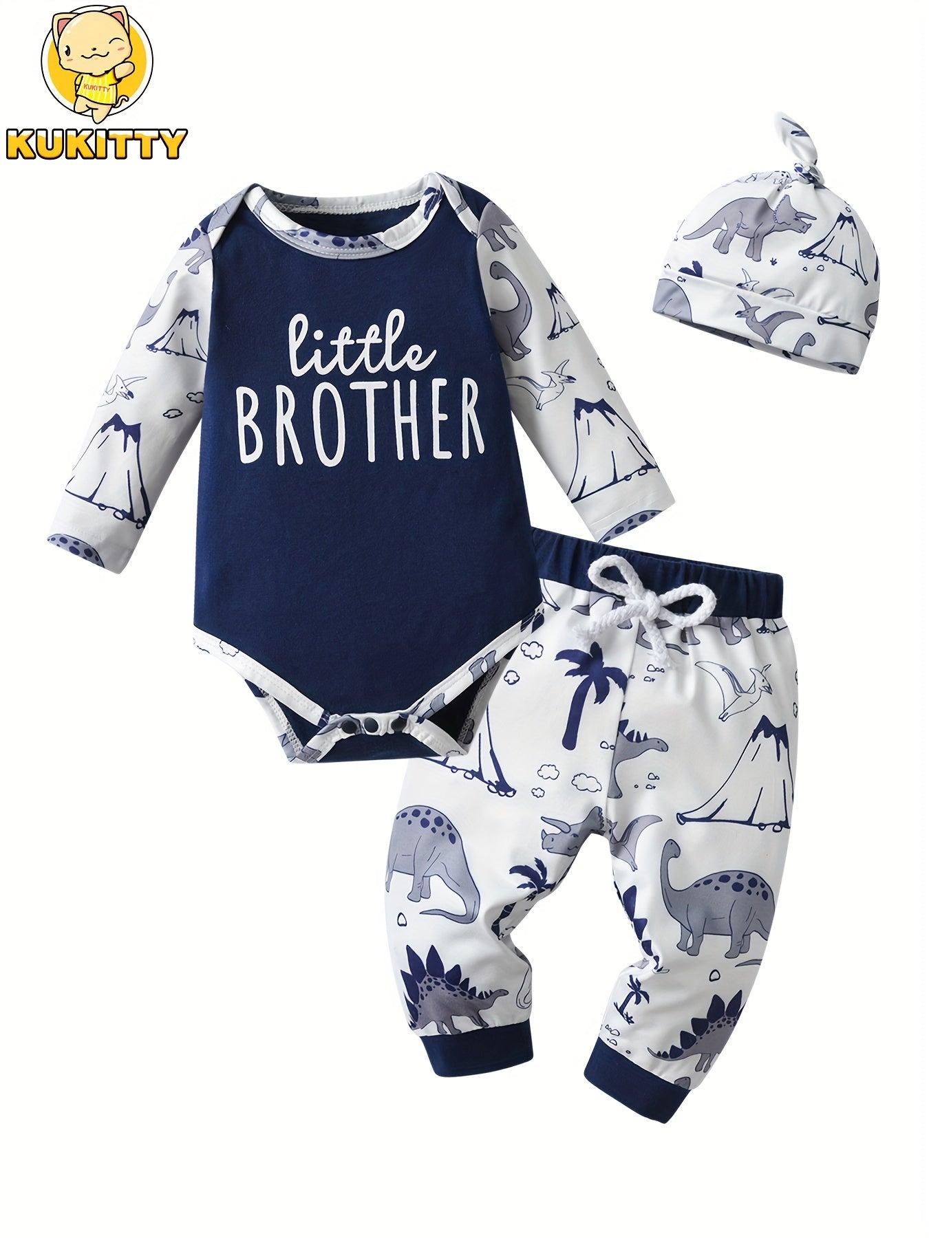 [3pcs KuKitty Outfit] KuKitty 3pcs Newborn Baby Boy Long Sleeve Outfit Set | Little Brother Print Tops Dinosaur Pattern Pants With Hat | for Outdoor Infant Boys