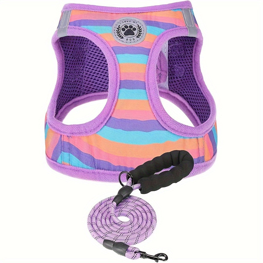 Reflective Striped Dog Harness and Leash Set for Small Breeds Adjustable and Escape Proof