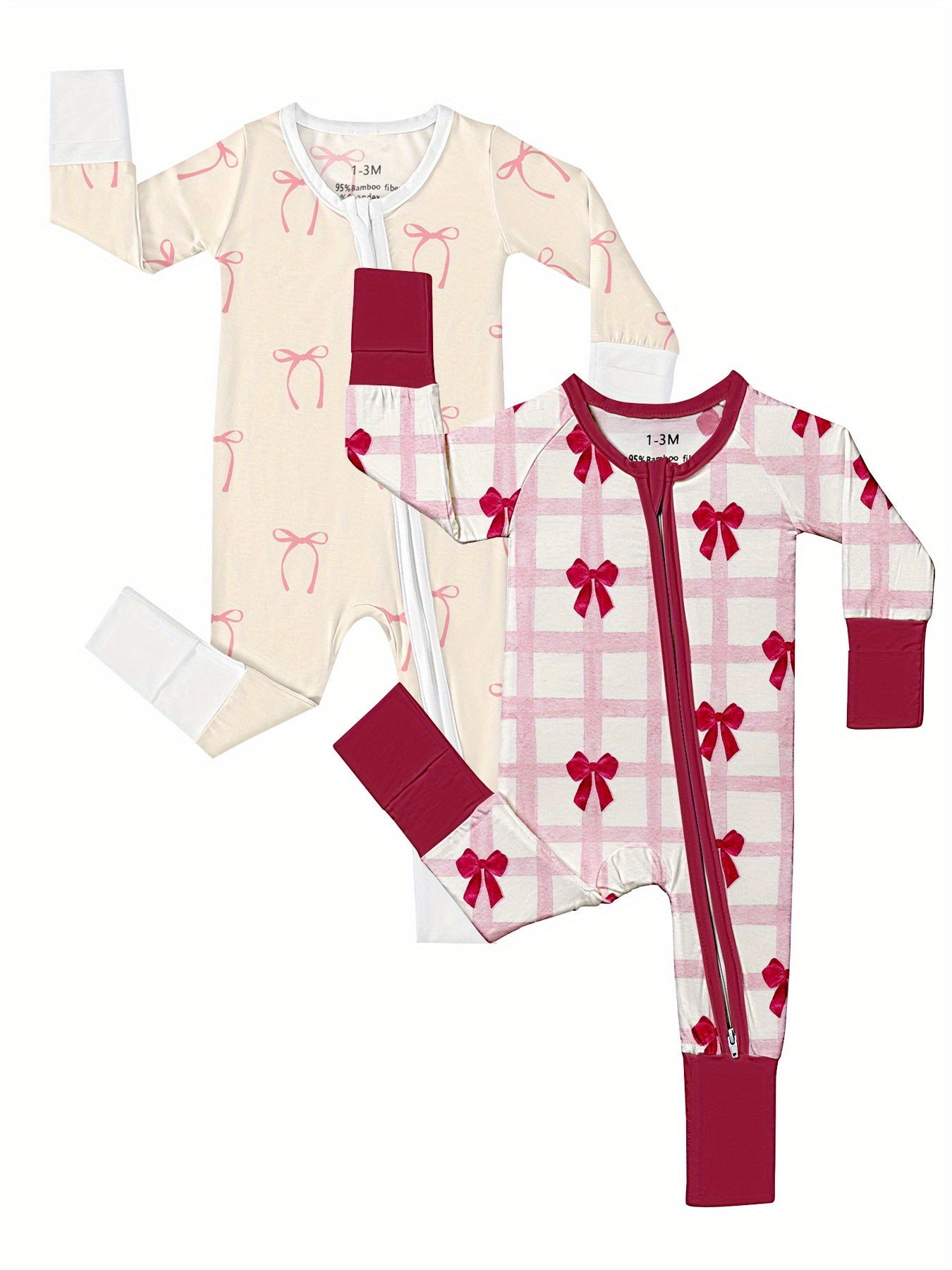 Bamboo Bliss Baby Girl Bodysuit Set – Adorable Bow Print with Double-Sided Zipper