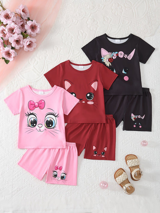 3pcs Set Of 6pcs Girls Summer Cute Cat Pattern Short Sleeve T-shirt Casual Comfortable Sports Breathable Shorts Comfortable Fashion Set Suitable for Small Medium Teenagers, Very Suitable for Outdoors., Perfect for Outdoor