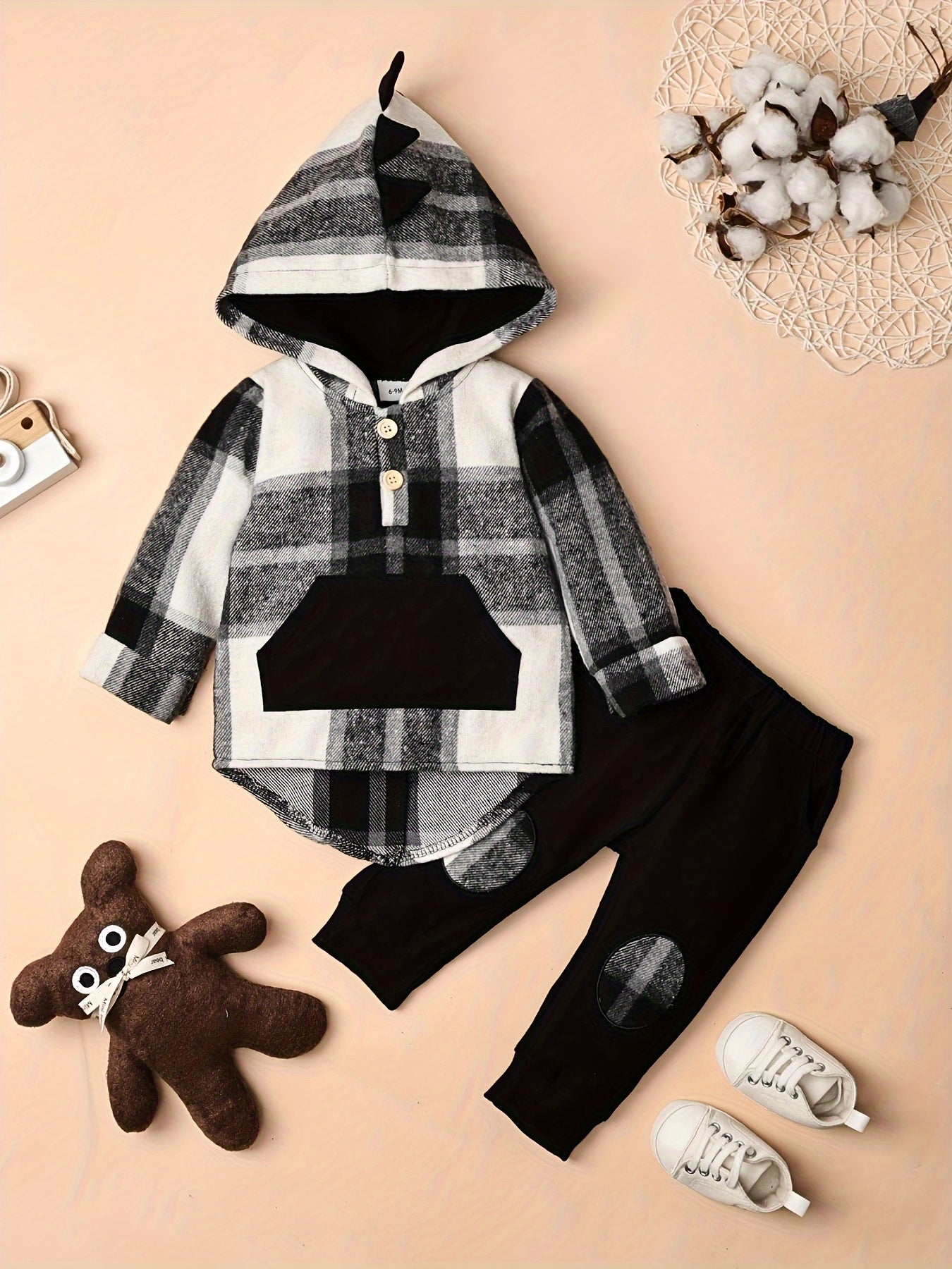 Toddler Boy Plaid Dinosaur Hoodie and Pants Set for Fall and Winter Ages 6 Months to 5 Years