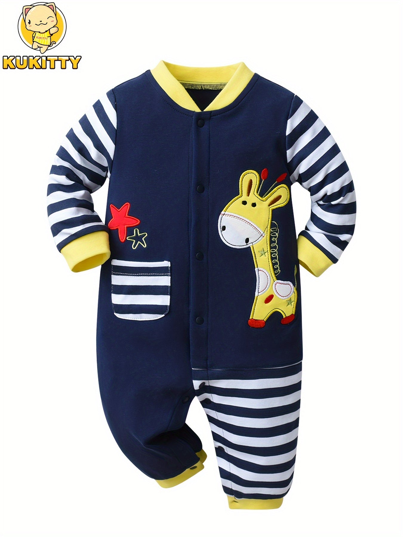 KuKitty Baby Boy Romper Infant Long Sleeve Giraffe Pattern Striped Jumpsuit, for Outdoor
